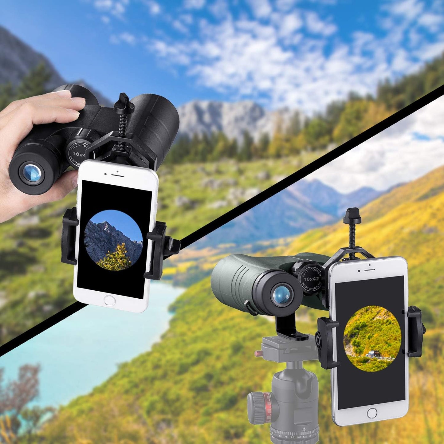 Universal Mobile Phone Telescope Adapter 360° Rotating Mobile Phone Adapter for Binoculars, Monocular, Spotting Scope and Astronomy Telescope, for iPhone, Samsung, Moto, OnePlus, Easy to Use and Portable