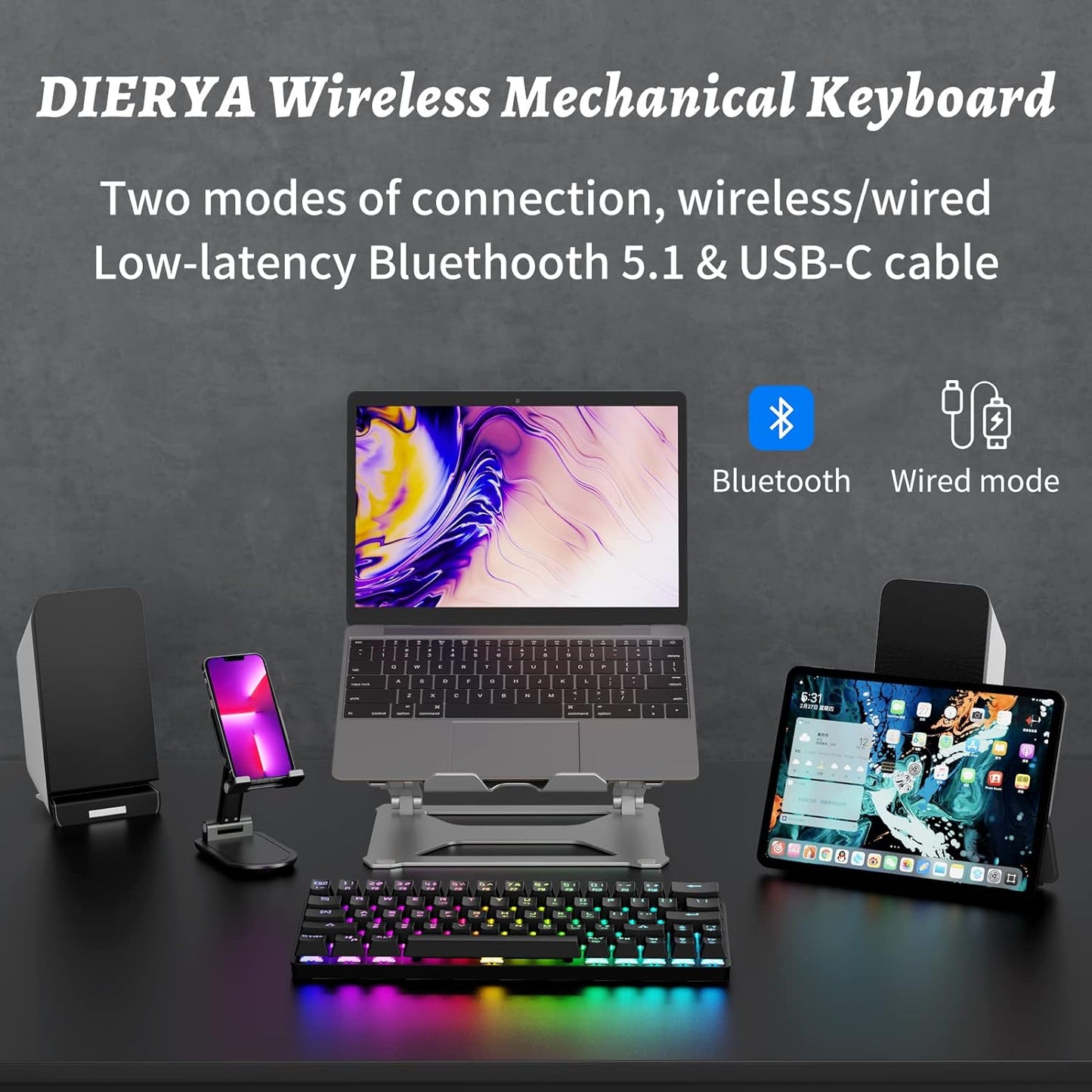 DIERYA DK63 60% Wireless Mechanical Keyboard, RGB Backlit Bluetooth Gaming Keyboard Wired Dedicated Arrow Keys, Compact 63 Keys Mini Keyboard, Full Keys Programmable - Blue Switch