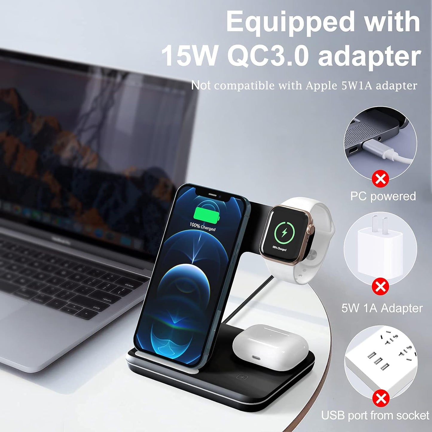 3 in 1 Wireless Charger, 15W Induction Charger Compatible with iPhone, Samsung and other phones supporting wireless technology