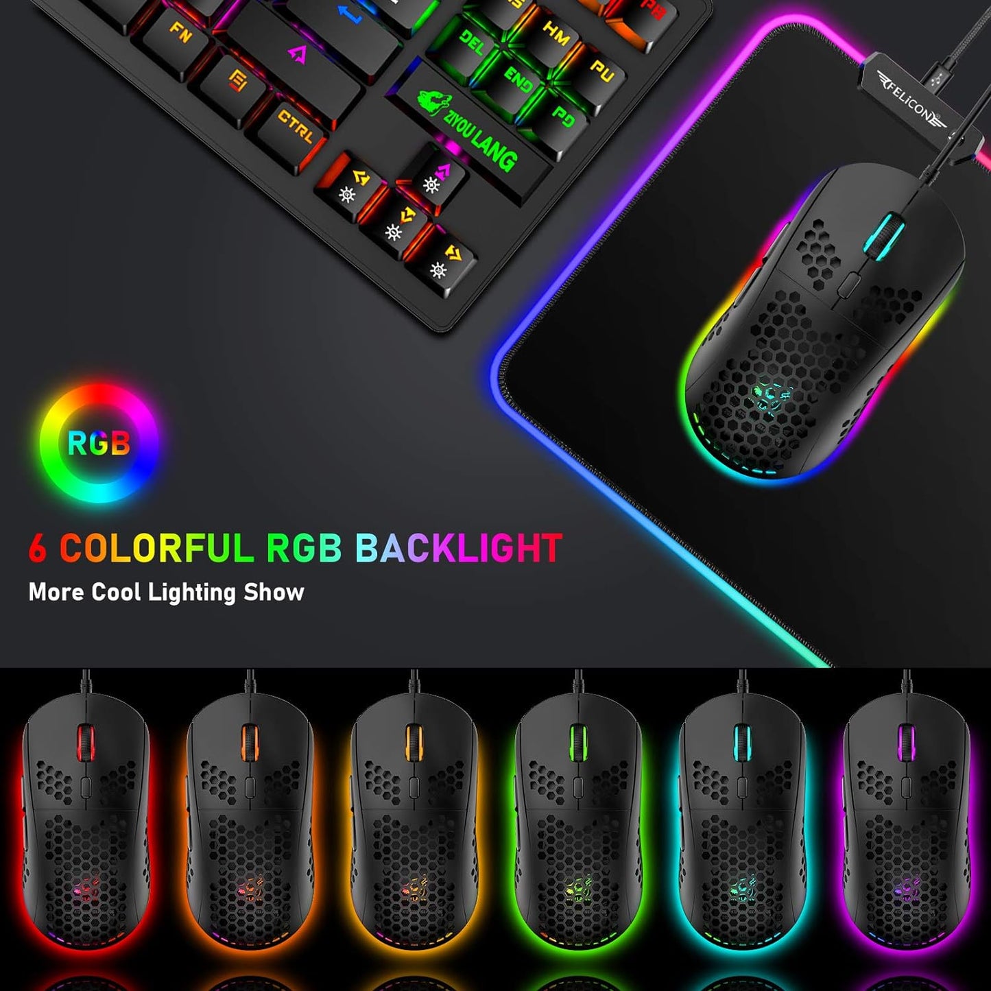 Keyboard, 60% Wired Mechanical Gaming Keyboard and Mouse Combo,Ultra-Compact Mini 62 Keys,Type C Chroma 20 Rainbow Backlit Effects,RGB Backlit 6400 DPI Lightweight Gaming Mouse with Honeycomb Shell for PC/Mac