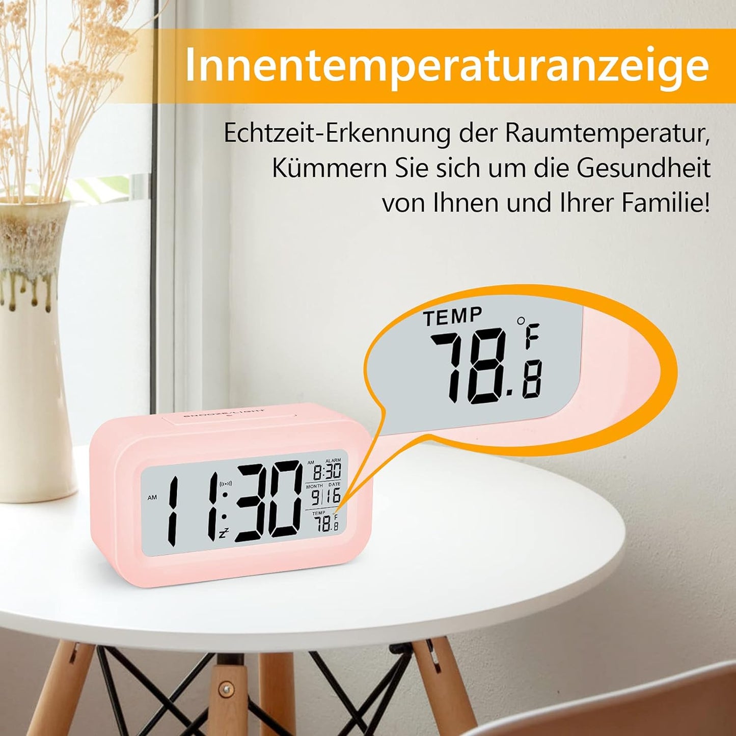 SZELAM Alarm Clock, Small Alarm Clock Digital, 5.1" LCD Display with USB Charger, Snooze, Minutes, Date Calendar Temperature Alarm Display Bedside Table Easy Setup for Home Travel Bedroom Kitchen (Pink)