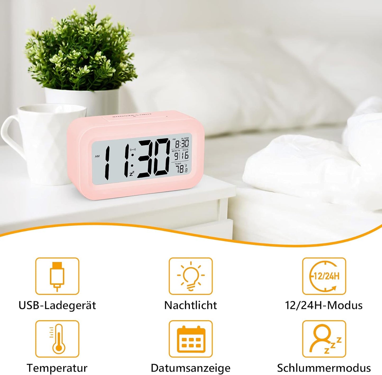 SZELAM Alarm Clock, Small Alarm Clock Digital, 5.1" LCD Display with USB Charger, Snooze, Minutes, Date Calendar Temperature Alarm Display Bedside Table Easy Setup for Home Travel Bedroom Kitchen (Pink)