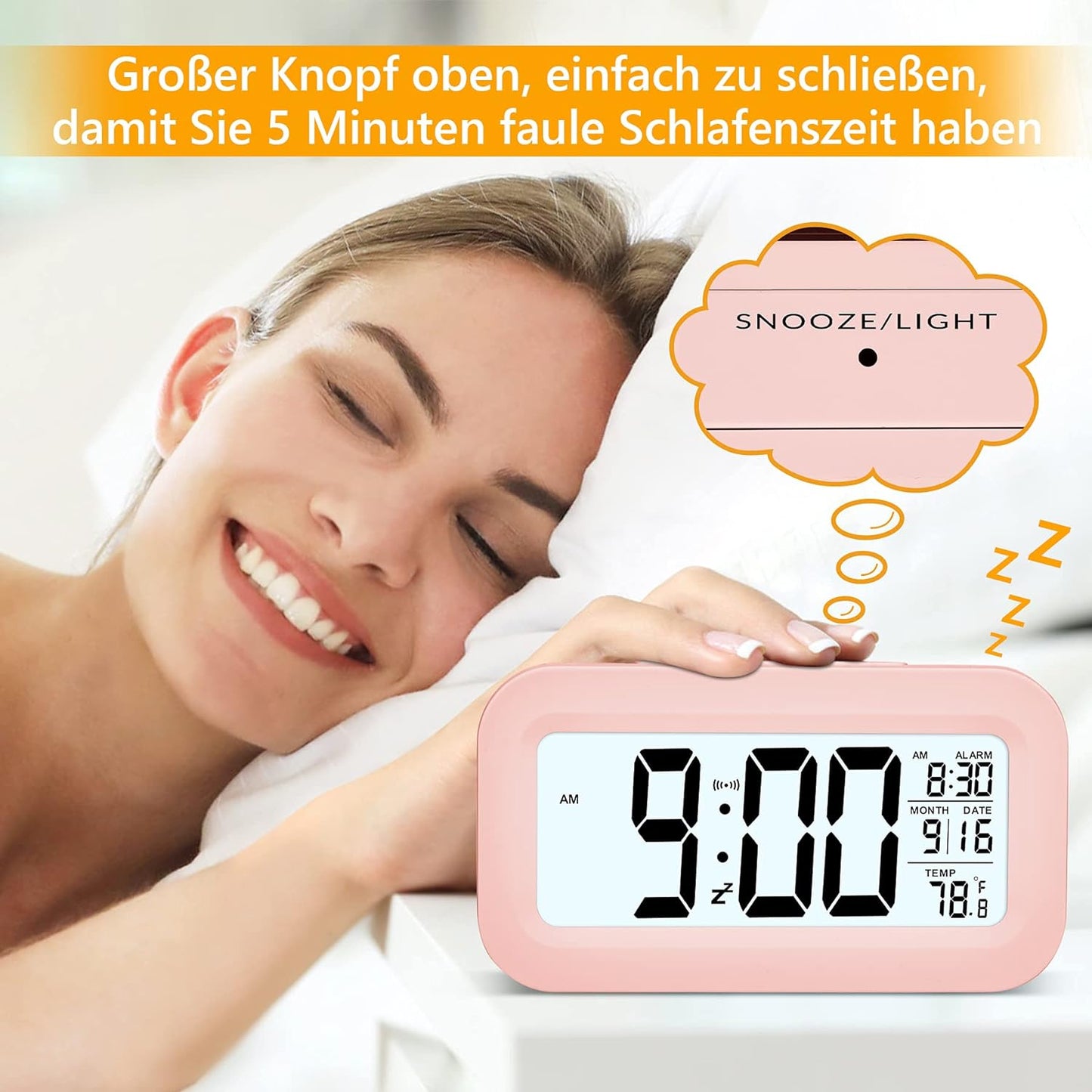 SZELAM Alarm Clock, Small Alarm Clock Digital, 5.1" LCD Display with USB Charger, Snooze, Minutes, Date Calendar Temperature Alarm Display Bedside Table Easy Setup for Home Travel Bedroom Kitchen (Pink)