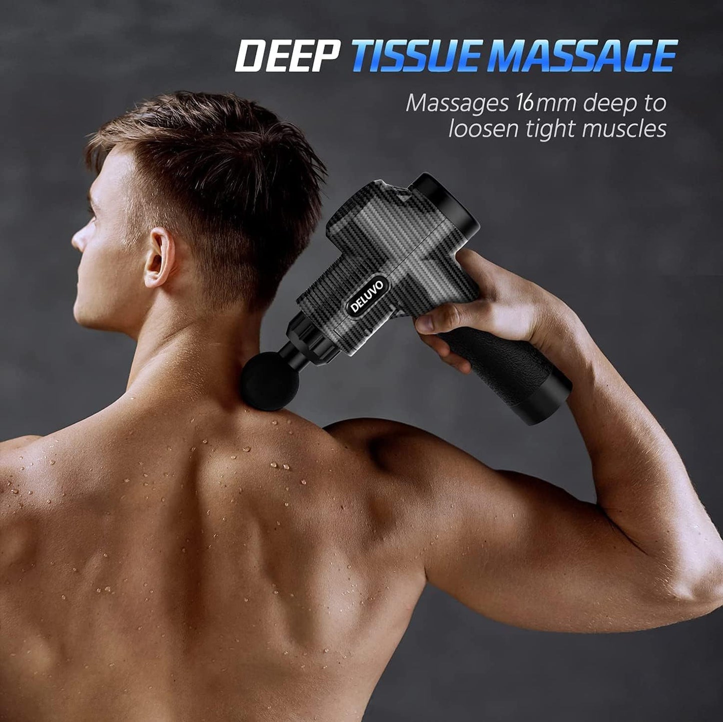 DELUVO Massage Gun with 30 Speeds and 6 Massage Heads in Hard Case Electric Massager with LCD Touch Screen Massage Gun Extra Quiet Only 35 dB Massage Gun in Carbon Fibre Design