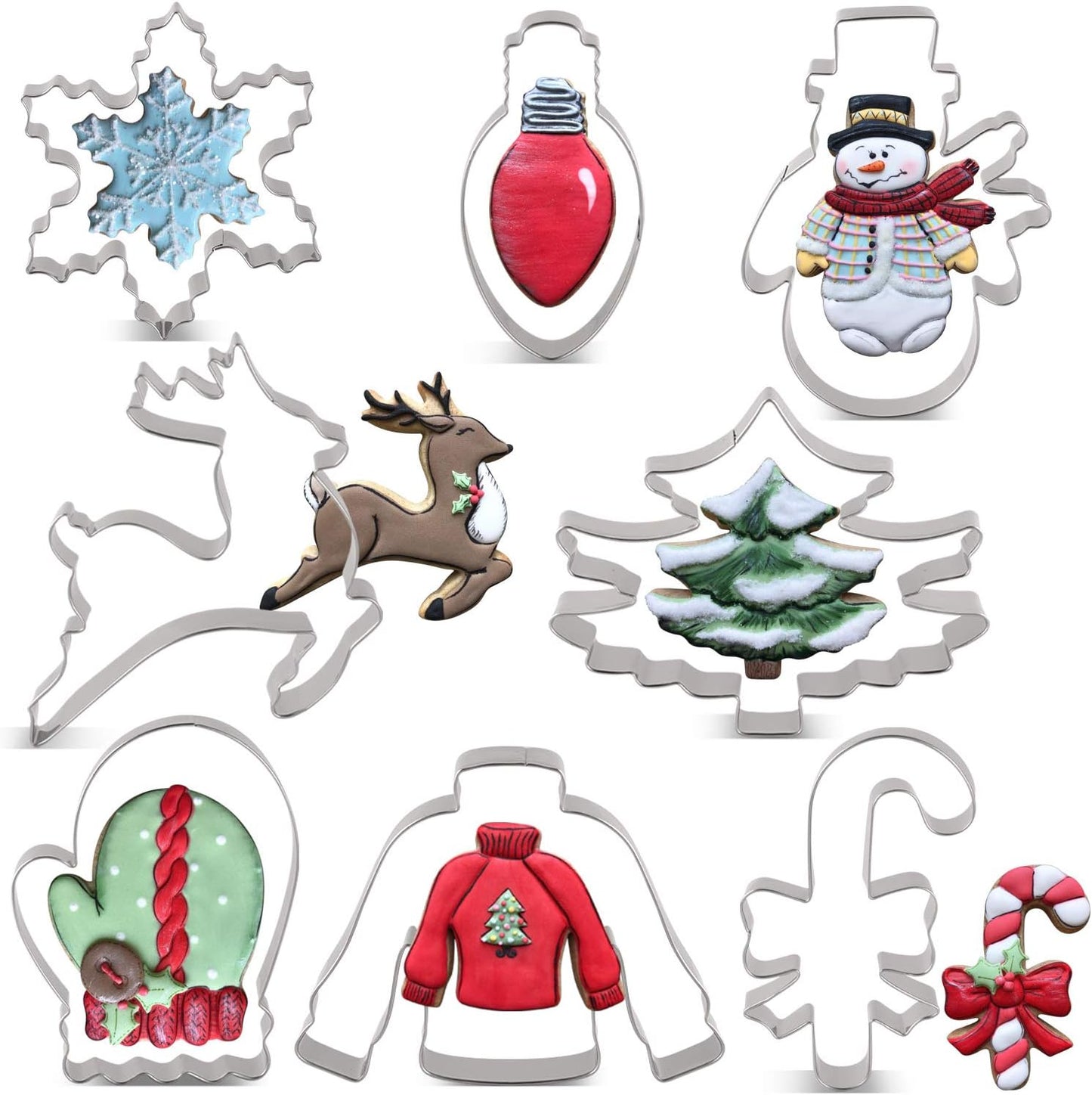 Christmas Cookie Cutters Set - 9 Pieces - Christmas Tree, Gingerbread Man, Candy Cane, Reindeer, Light Bulb, Snowman, Snowflake, Jumper and Mittens Cookie Cutter - Stainless Steel