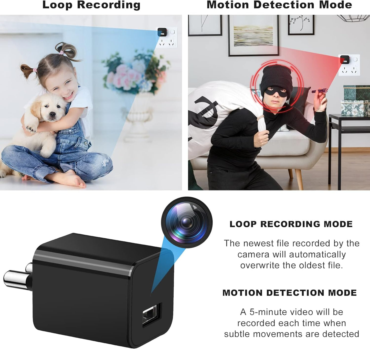 Mini Camera Spy Wireless, 1080P FHD Hidden Camera with Motion Sensor, Charger with Spy Camera, Camouflaged, Spycam, Video Recording Including Sound, Mini Surveillance Camera with 32G SD Card