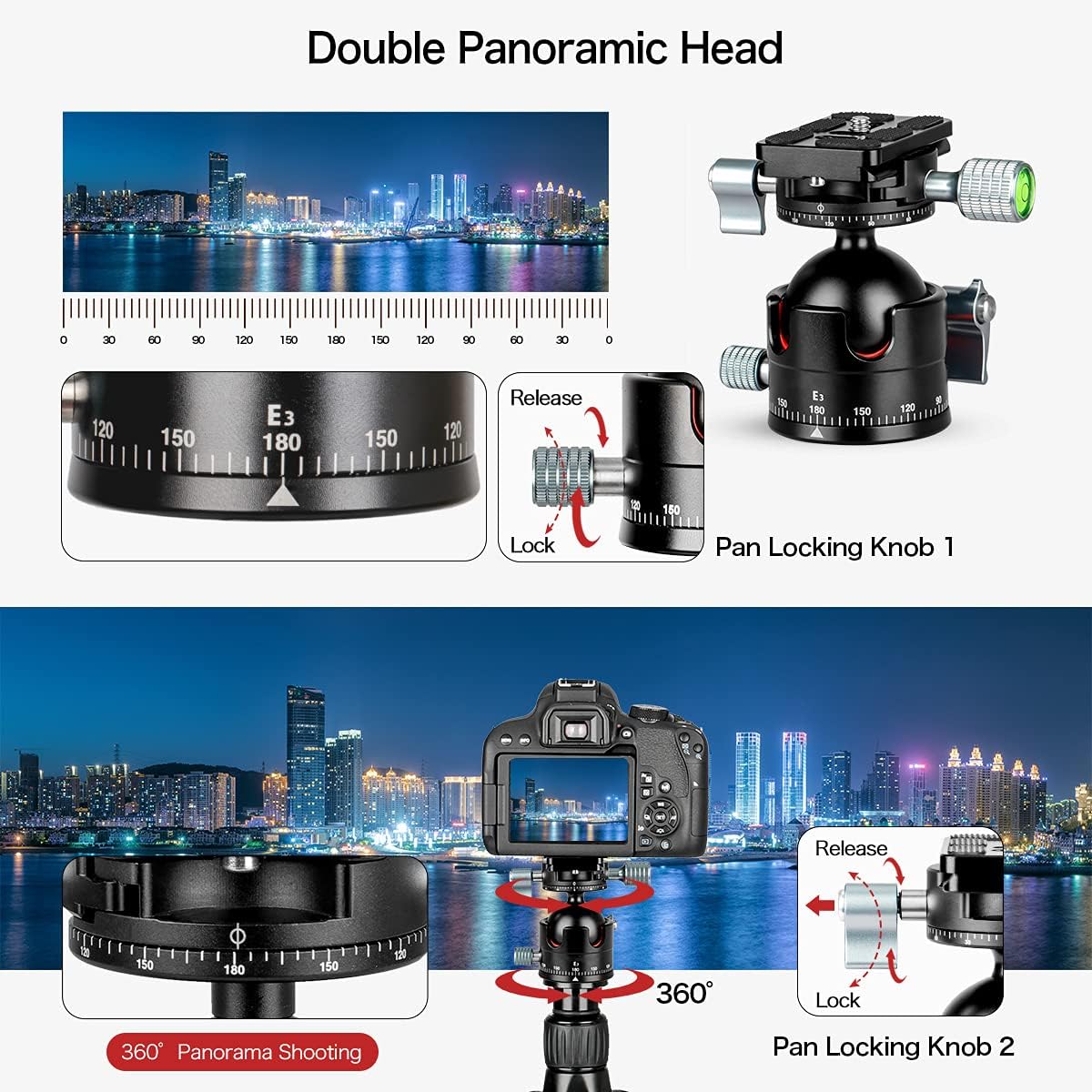 Panorama Ball Head, F45 mm Ball Diameter Double Panorama Tripod Head 360° Rotatable with 1/4" Screw Quick Release Plate for Tripod, DSLR, Camcorder, Max. Load 20kg - E3H2