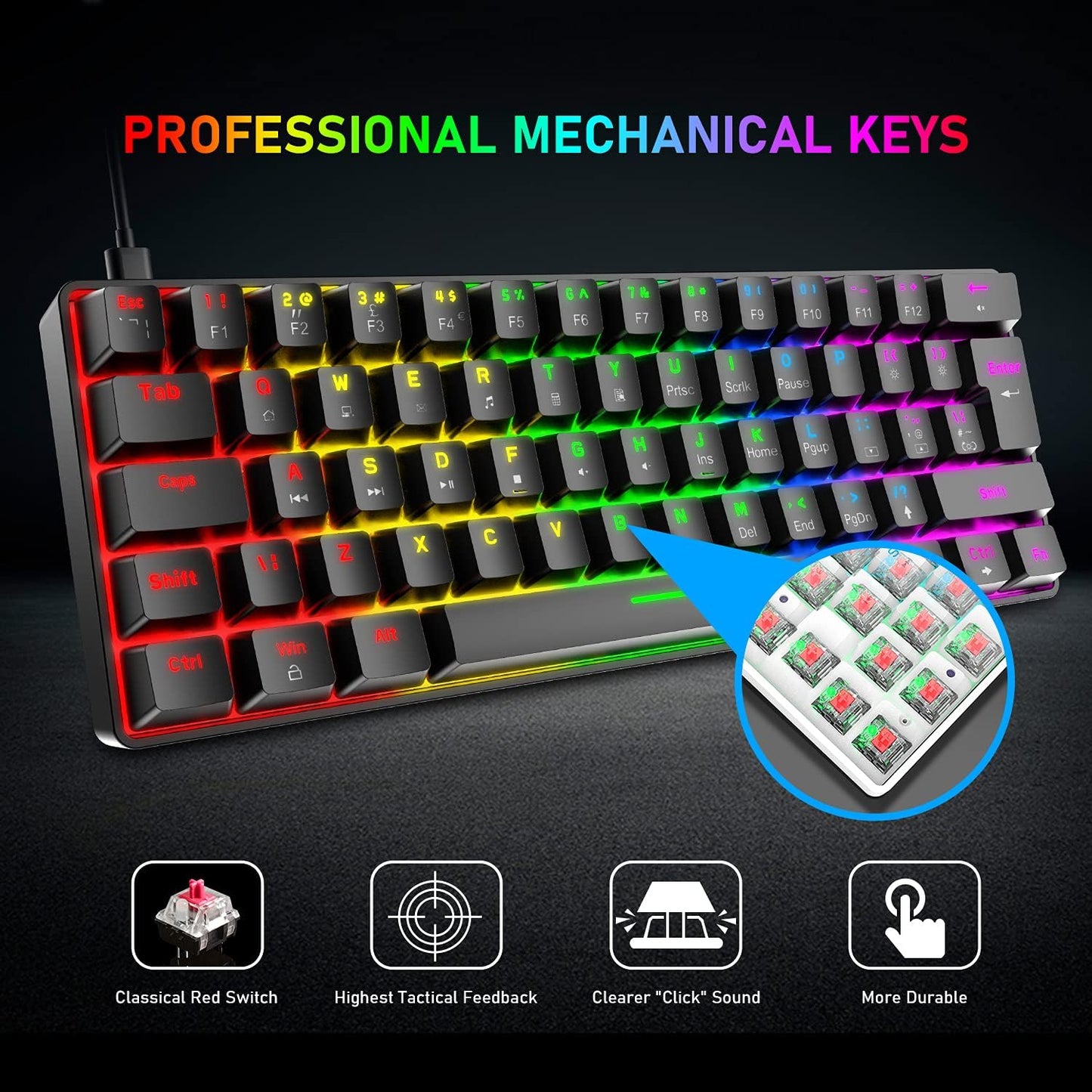 Keyboard, 60% Wired Mechanical Gaming Keyboard and Mouse Combo,Ultra-Compact Mini 62 Keys,Type C Chroma 20 Rainbow Backlit Effects,RGB Backlit 6400 DPI Lightweight Gaming Mouse with Honeycomb Shell for PC/Mac