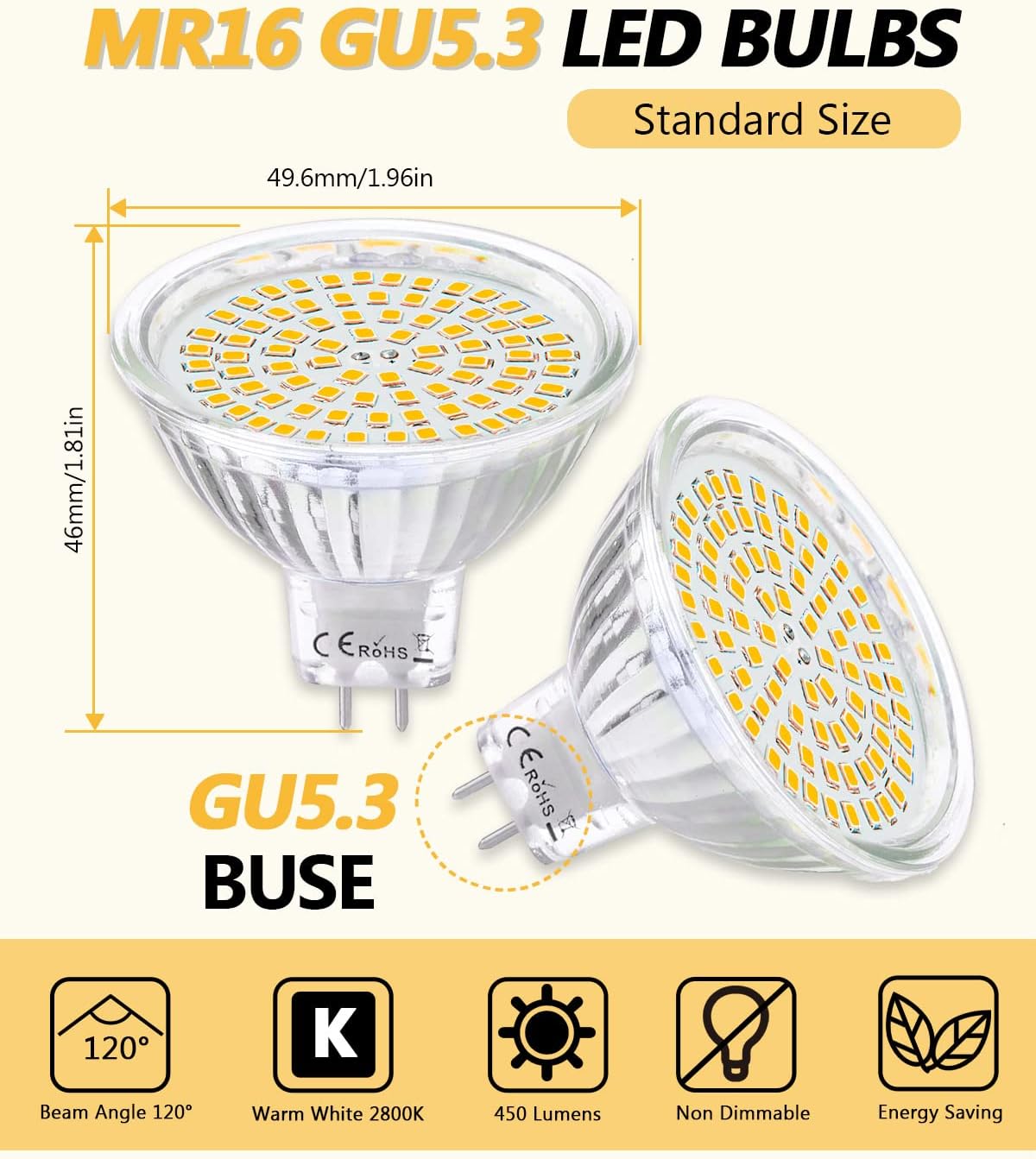 GU5.3 LED Light Bulbs, MR16 5W LED Bulbs, Equivalent to 50W Halogen Bulbs, 450lm 5W, 12V, 2800K Warm White 120