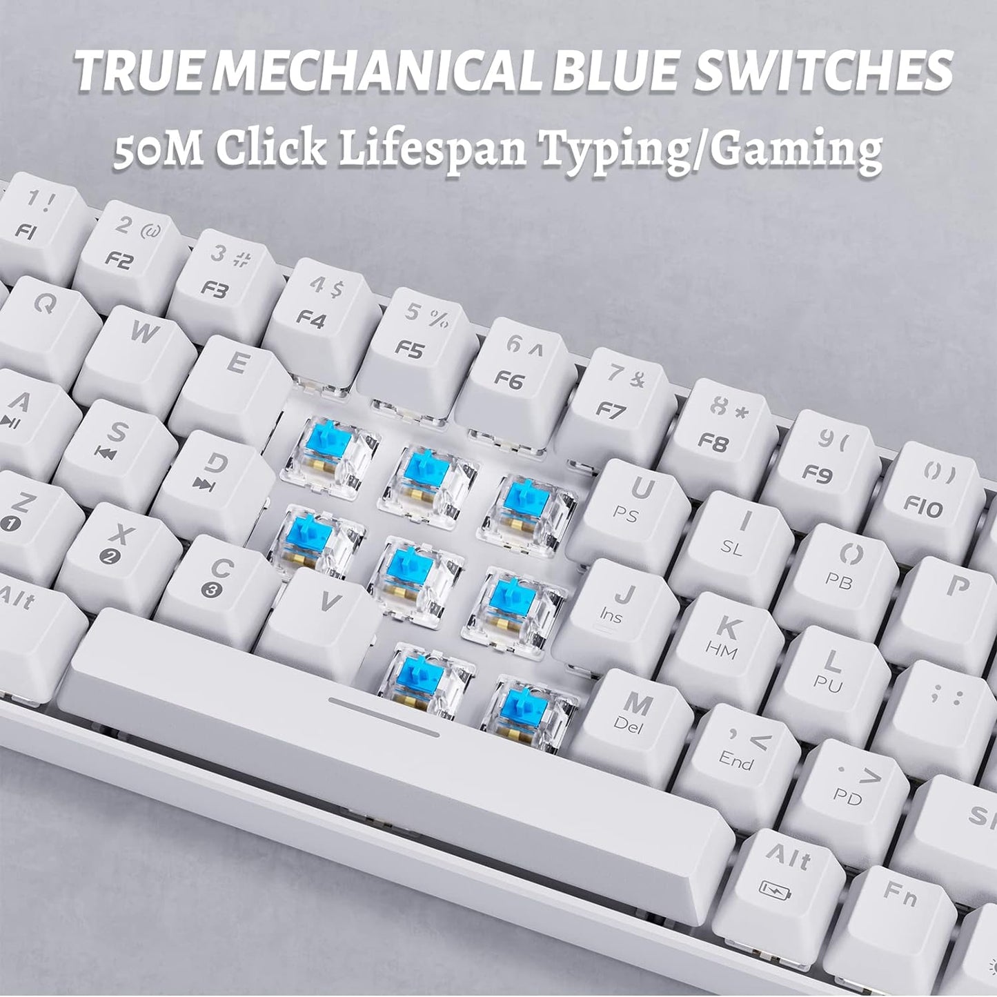 DIERYA DK63 Gaming 60% Mechanical Keyboard, Gamer Wireless, 63 Keys with Arrow Keys, Bluetooth/Wired, 1900 mAh Battery, US Layout for PC Windows/Mac, White (Optical Blue Switch)