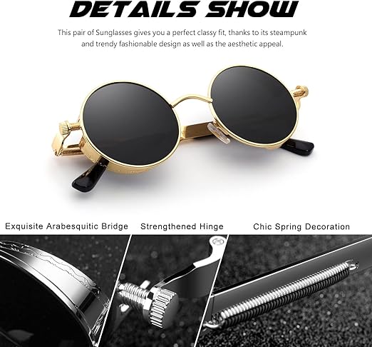 Sunglasses, CGID E72 Retro Steampunk Style Unisex Inspired Round Metal Circle Polarized Sunglasses for Men and Women