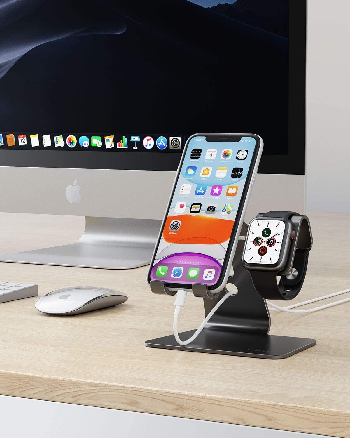 Stand for Watch & Phone, 2 in 1 universal stand holder (not including charger) for all phones, Black