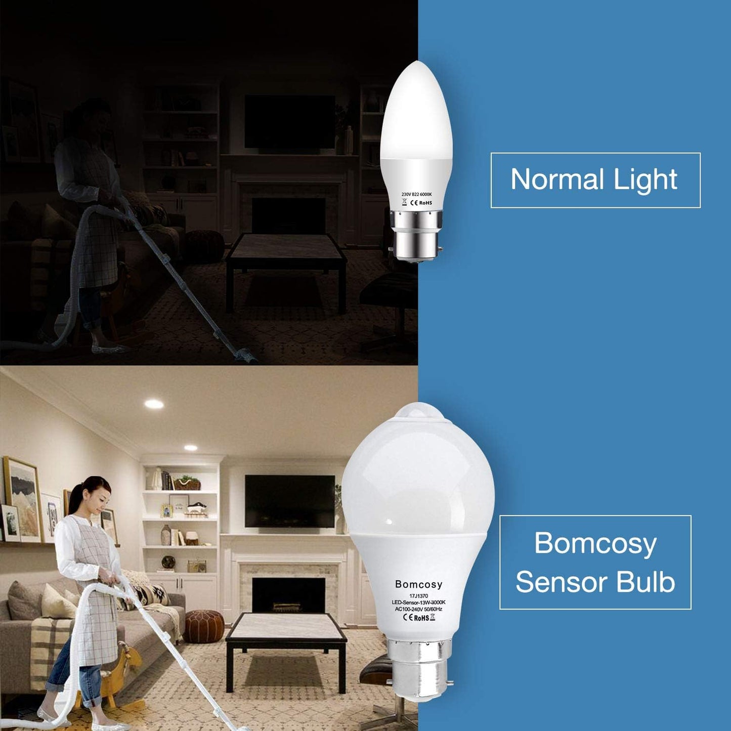 Motion Sensor LED Bulb By Bomcosy PIR B22 Bayonet 13W Warm White 3000K Equivalent to 100W Auto on/Off