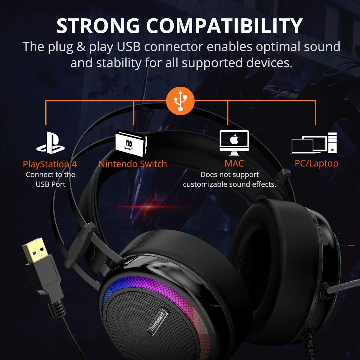 USB Gaming Headset with Mic for PC/Laptop,Tronsmart Glary 3.5mm Wired Stereo Gaming Headset with Virtual 7.1 Surround Sound,RGB Noise Cancelling Gaming Headphones