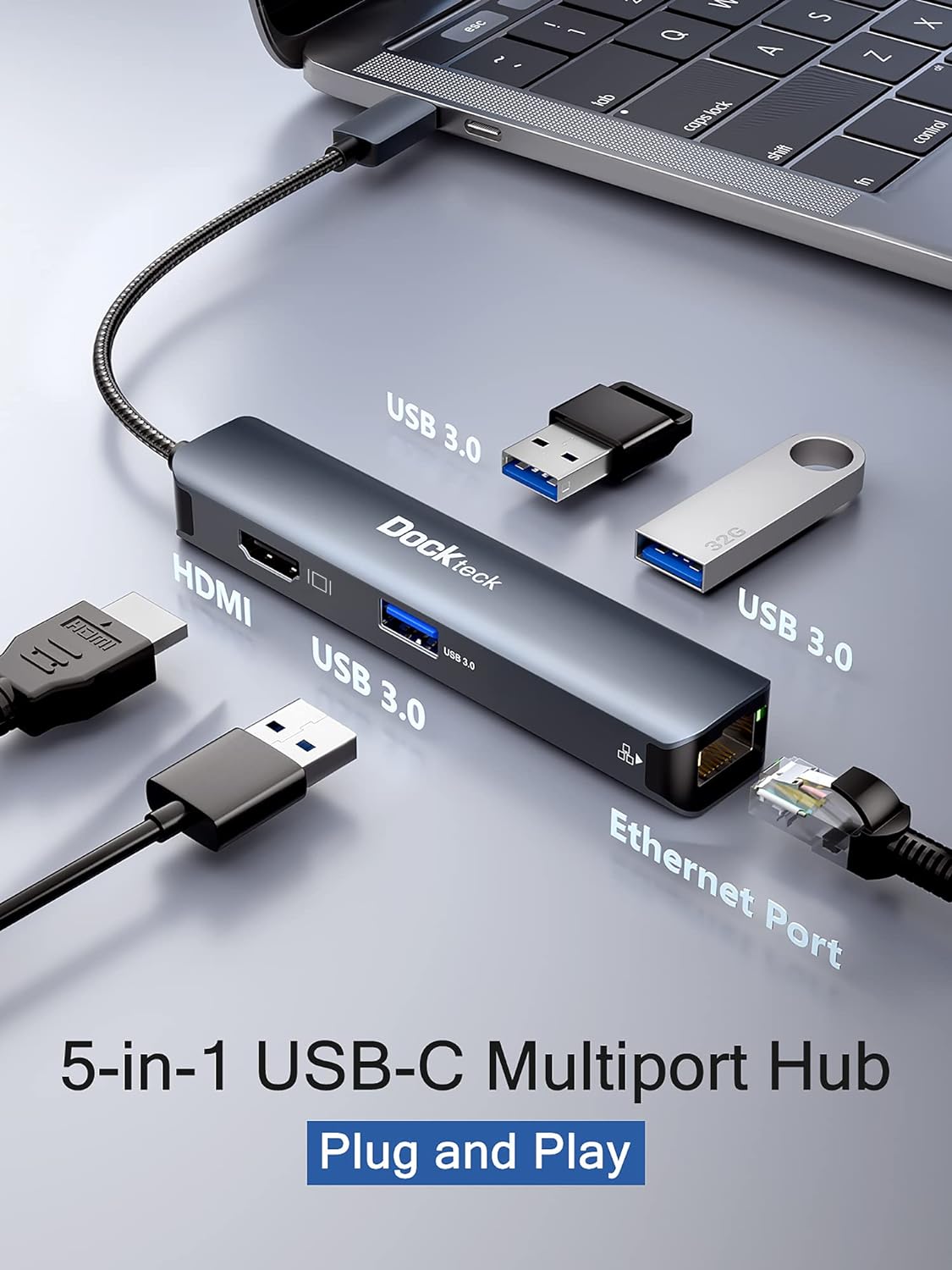 USB C Hub Dockteck 5 in 1 USB C Dock, USB-C Adapter with Ethernet LAN RJ45, 4K HDMI, 3 USB 3.0 for MacBook Pro/Air M1, iPad Pro/Air 5, Surface etc