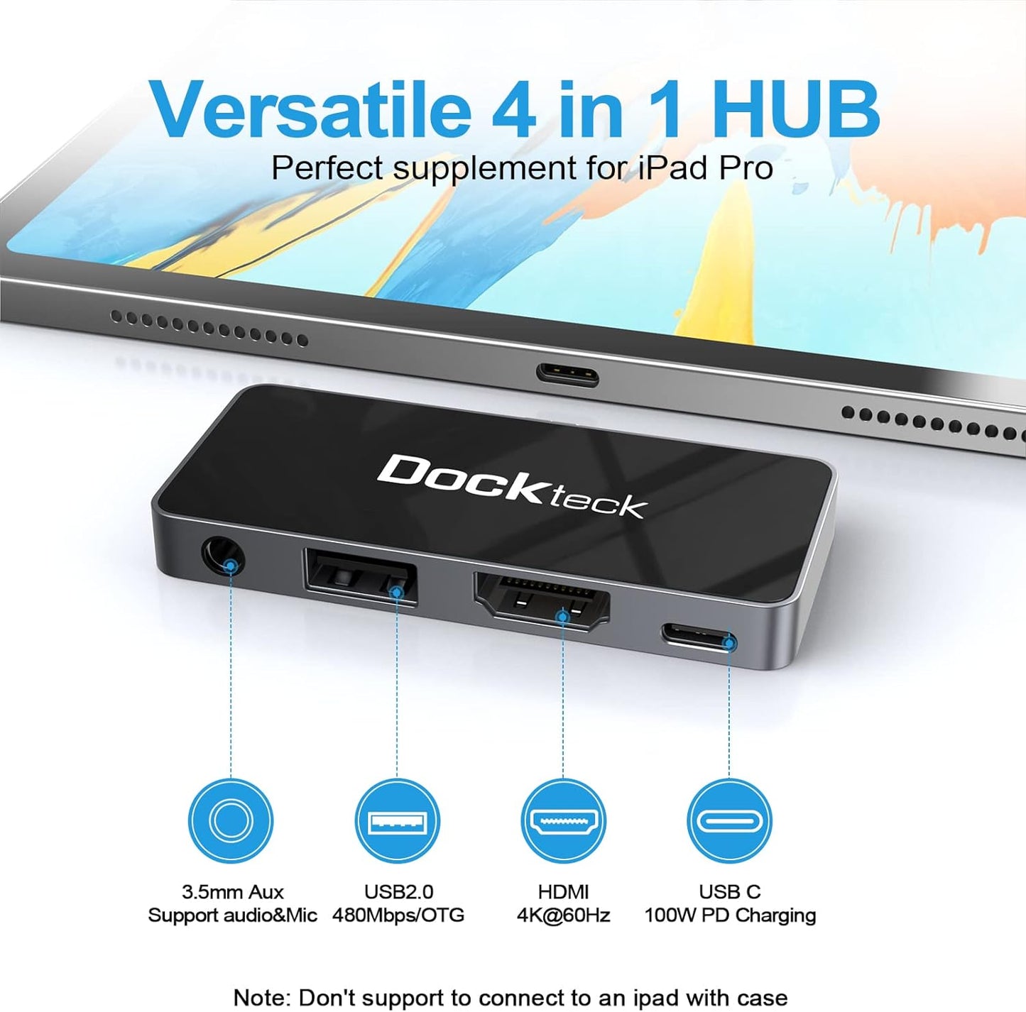 Dockteck USB C Hub Adapter 4-in-1 iPad Adapter with 4K 60Hz HDMI, 3.5 mm Audio, 100W PD, USB 2.0 for iPad Pro 2018 2020 2021 / iPad Air 4 / iPad Mini 6