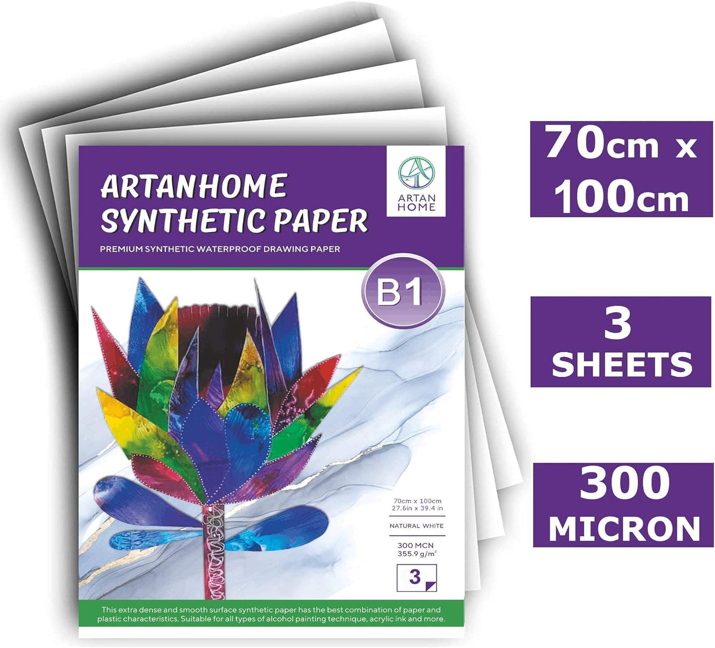 Ink and Watercolor Paper By ArtanHome 5 Pack 70cm x 50cm - Reusable Non-Absorbent White Synthetic Paper for use with Alcohol Inks, Watercolor