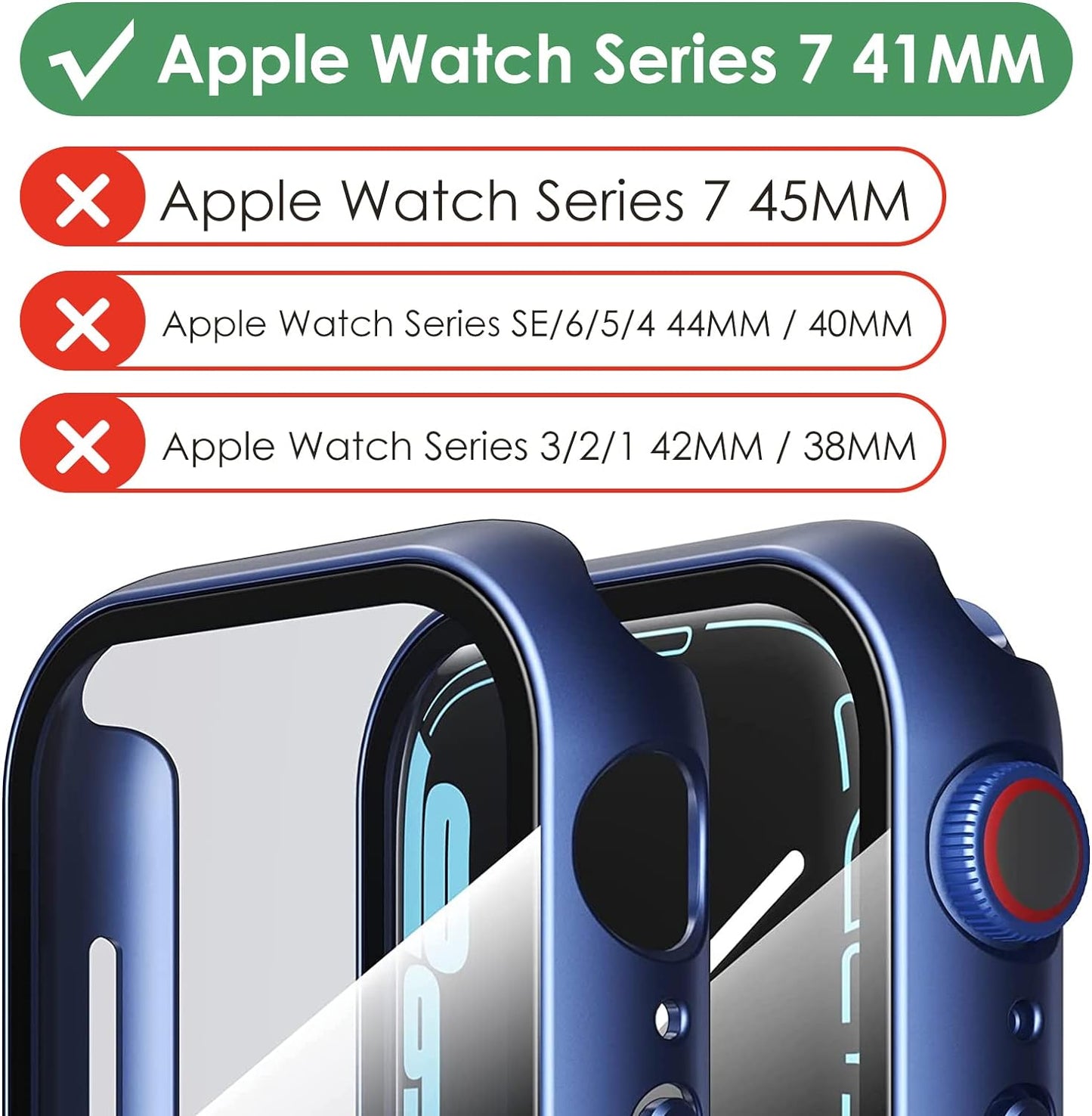 Hard PC Case with Tempered Glass Screen Protector, 2 Pack, Compatible for Apple Watch 41mm Series 8 7