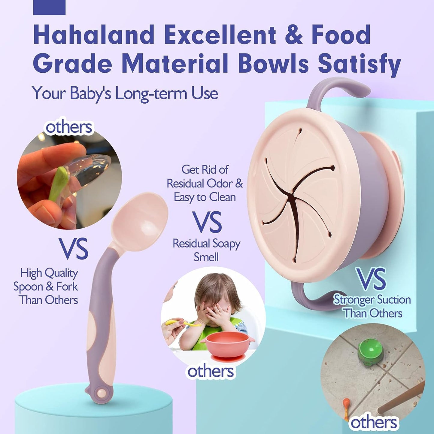 hahaland 3-in-1 Multifunctional Suction Bowl Baby Feeding Set with Lids and Straw, Soft Spoon and Fork for Baby Weaning Feeding for Toddler Babies 6 12 Months - Purple & Pink