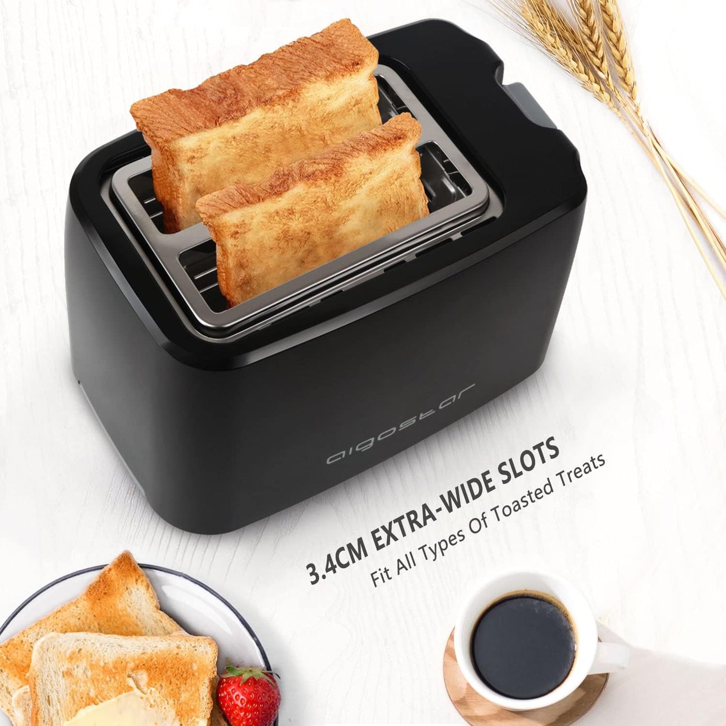 2-Slice Toaster by Aigostar, 750W, 7 Variable Browning Settings, Defrost, Reheat and Cancel Functions, Auto Shut-Off, Black, BPA Free - Warrior 30KHK