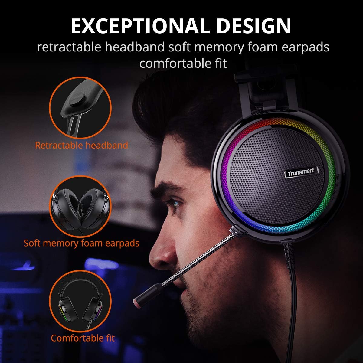 USB Gaming Headset with Mic for PC/Laptop,Tronsmart Glary 3.5mm Wired Stereo Gaming Headset with Virtual 7.1 Surround Sound,RGB Noise Cancelling Gaming Headphones