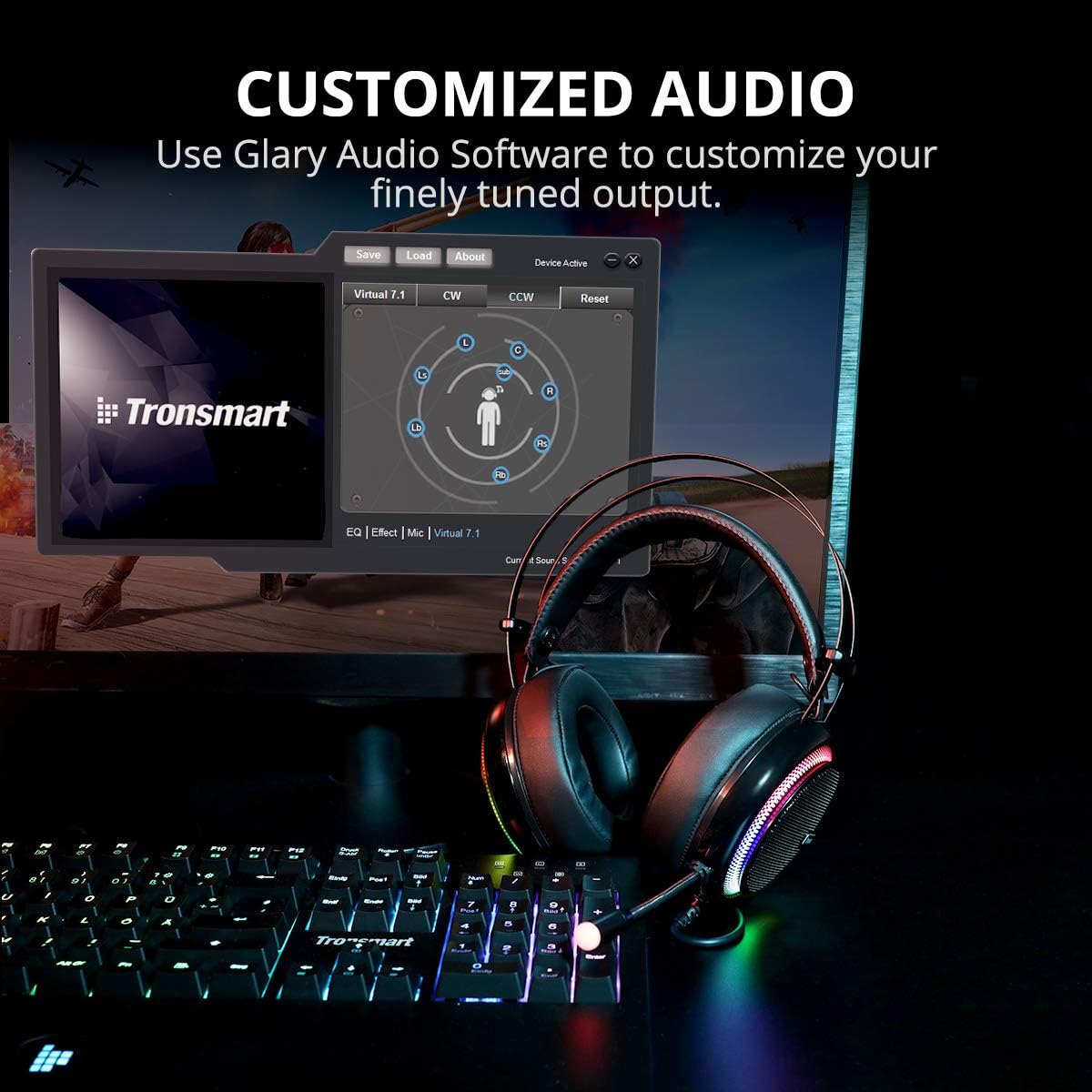 USB Gaming Headset with Mic for PC/Laptop,Tronsmart Glary 3.5mm Wired Stereo Gaming Headset with Virtual 7.1 Surround Sound,RGB Noise Cancelling Gaming Headphones