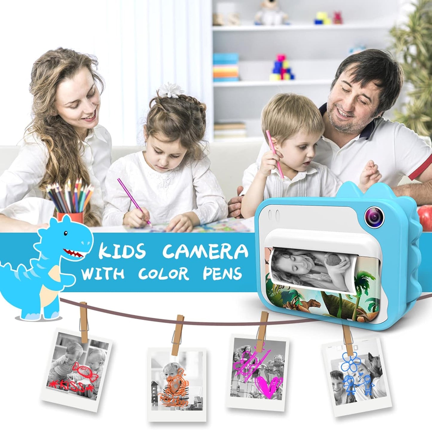 Children's Camera, Digital Camera Instant Camera Print 1080P 2.4 Inch Screen Video Camera Black and White Photo Camera with 32GB Card, 3 Rolls of Printing Paper, 5 Colours, Brush Pen