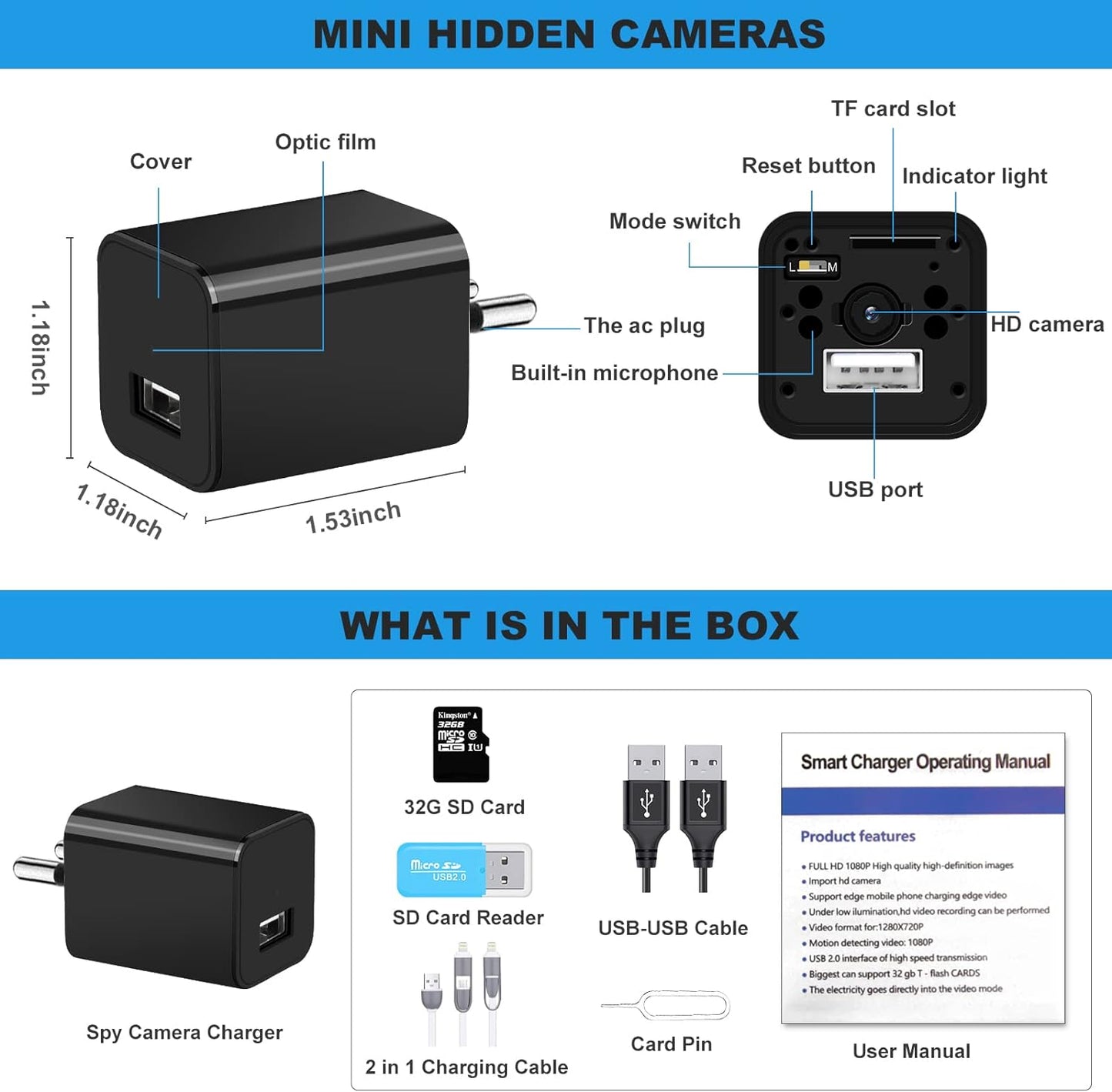 Mini Camera Spy Wireless, 1080P FHD Hidden Camera with Motion Sensor, Charger with Spy Camera, Camouflaged, Spycam, Video Recording Including Sound, Mini Surveillance Camera with 32G SD Card