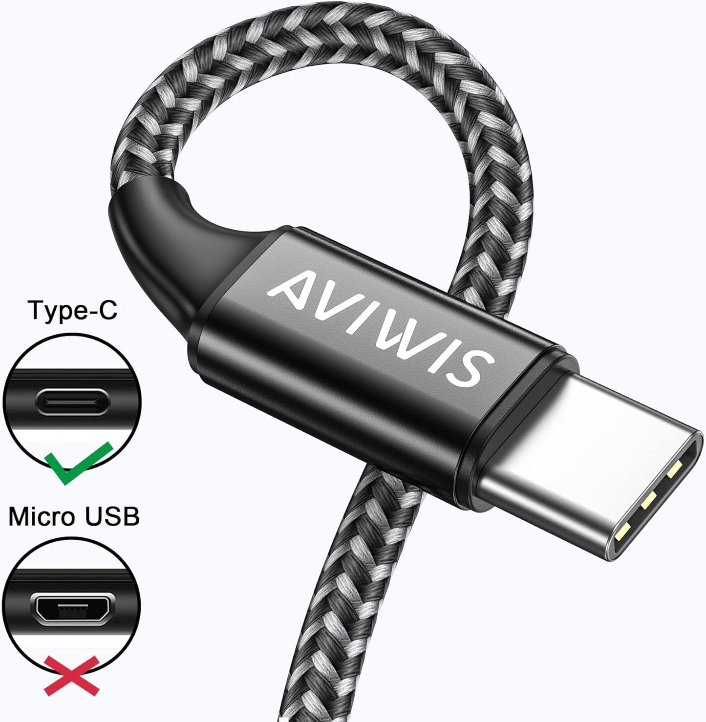 USB C Cable, AVIWIS Nylon USB Type C Charging Cable and Data Cable Fast Charge Sync Fast Charging Cable for Samsung Galaxy S10/S9/S8, Huawei P20/Mate20, Sony Xperia XZ, OnePlus Black