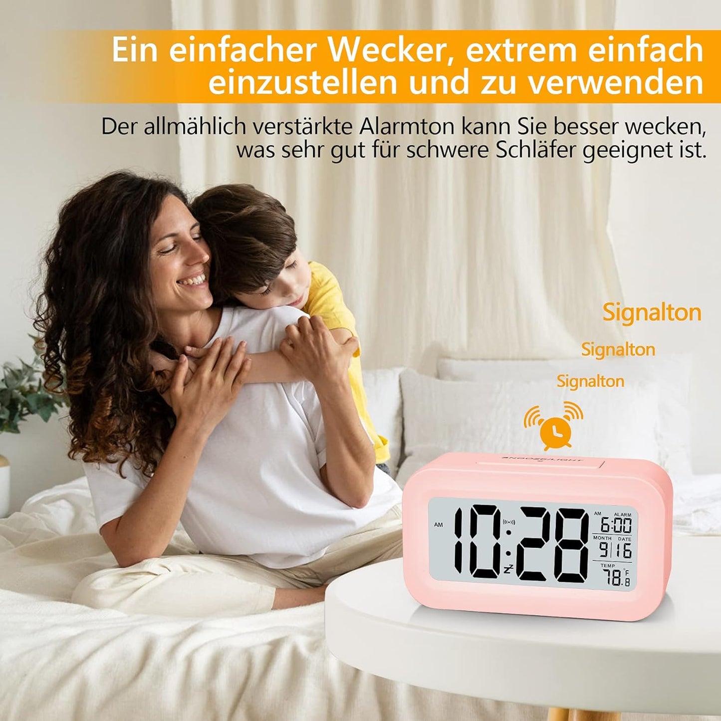 SZELAM Alarm Clock, Small Alarm Clock Digital, 5.1" LCD Display with USB Charger, Snooze, Minutes, Date Calendar Temperature Alarm Display Bedside Table Easy Setup for Home Travel Bedroom Kitchen (Pink)