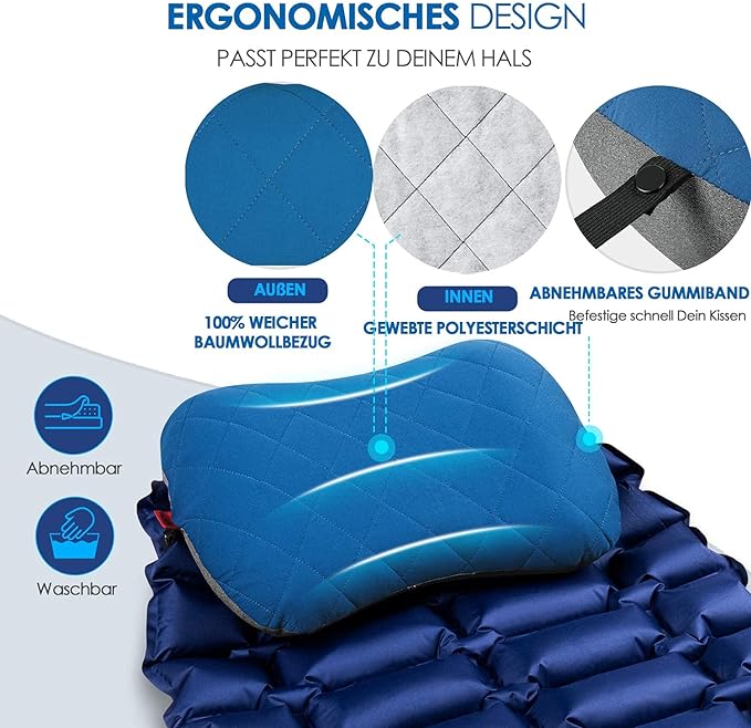 Inflatable Camping Travel Pillow By Hikenture with removable cushion cover, ergonomic pillow, comfortable neck pillow for travel/outdoor, inflatable travel neck pillow, blue/black/grey