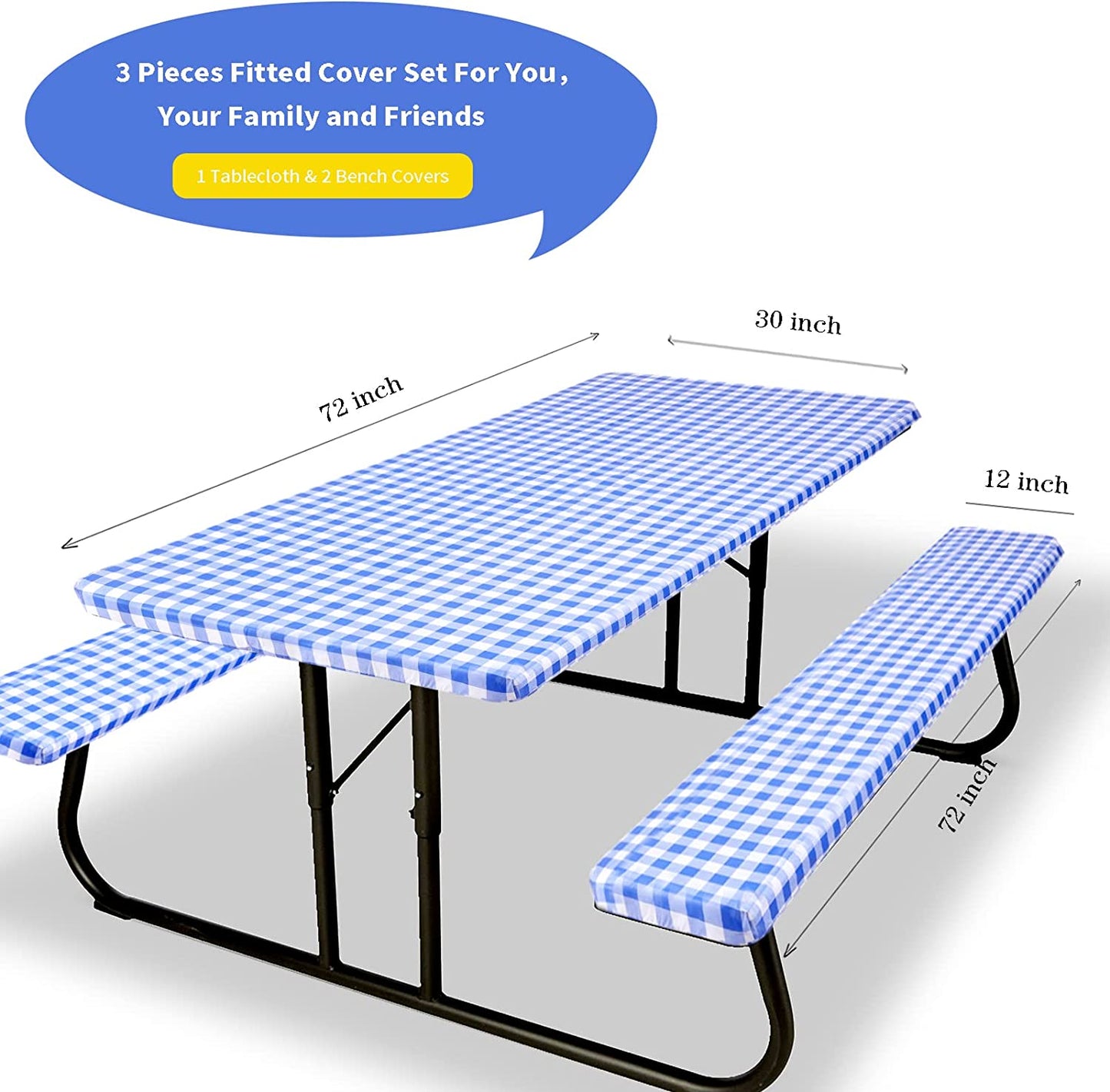 Table Cover for Picnic with Bench Covers, 3 Pieces Waterproof Camping Picnic Tablecloth Cover with Elastic Edge for Indoor/Outdoor/Patio, 6ft Rectangular Vinyl Picnic Table Cover, Blue