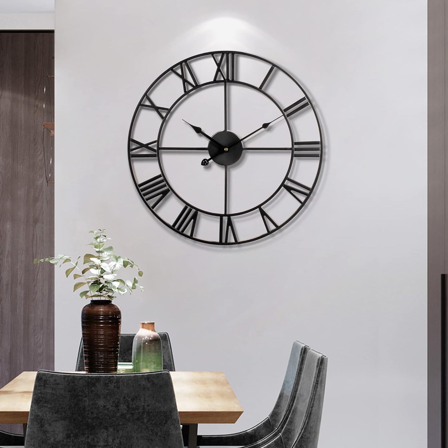 Large Wall Clock Metal Retro Roman Numeral Clock, Modern Round Wall Clocks Almost Silent, Easy to Read for Living Room/Home/Kitchen/Bedroom/Office/School Decor (Black, 24 Inch)