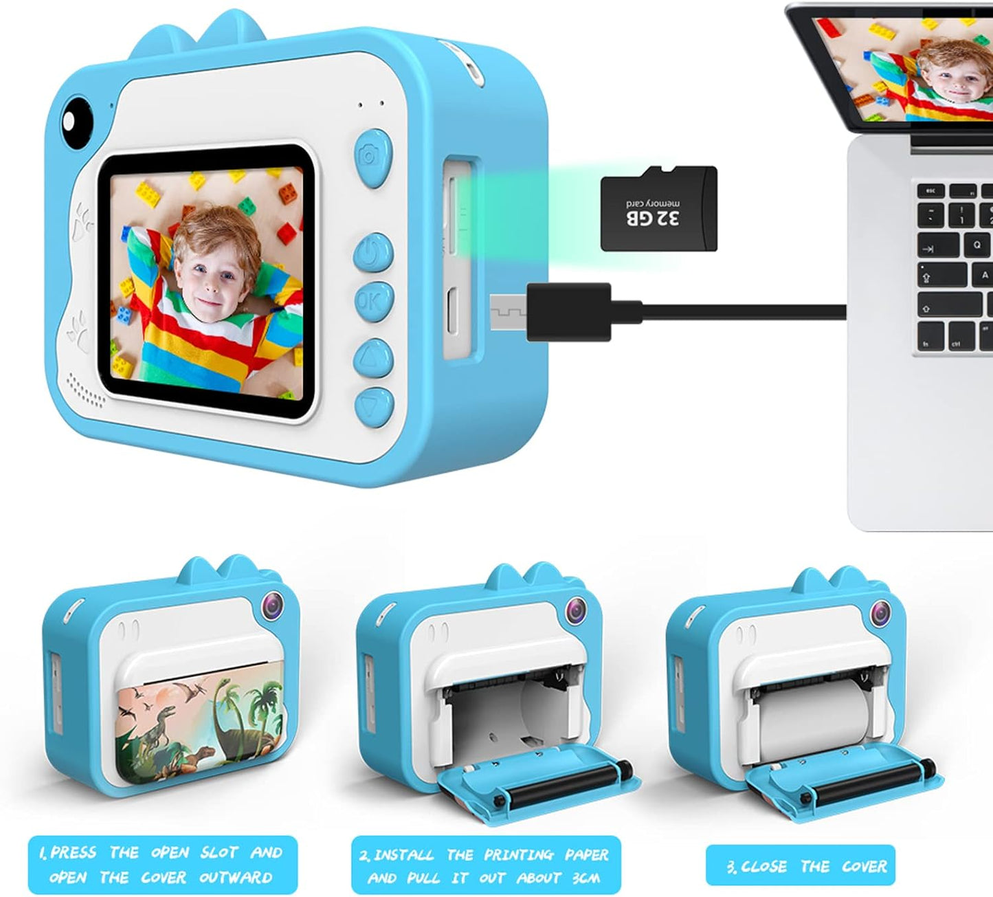 Children's Camera, Digital Camera Instant Camera Print 1080P 2.4 Inch Screen Video Camera Black and White Photo Camera with 32GB Card, 3 Rolls of Printing Paper, 5 Colours, Brush Pen