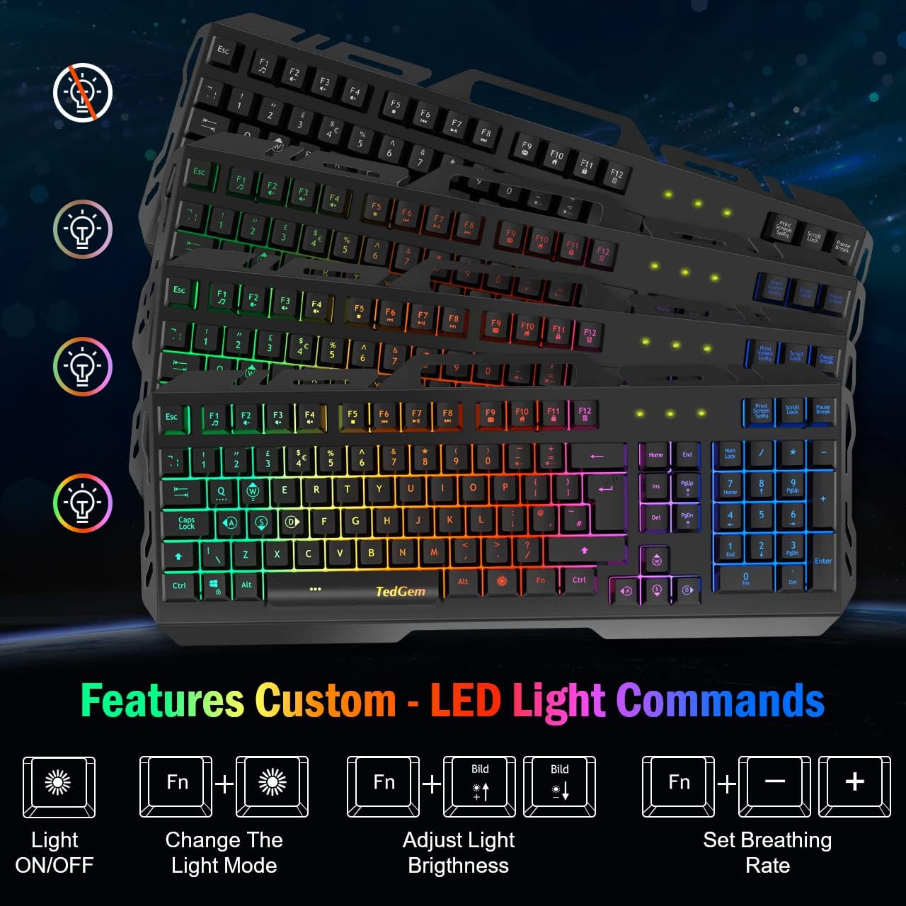 Gaming Keyboard by TedGem, Gaming Keyboards USB Wired Keyboard LED Backlit Keyboard, Keyboard Gaming with 12 Multimedia Shortcut Keys 19-Key Anti-Ghosting for PC/Computer/Laptop Gamer