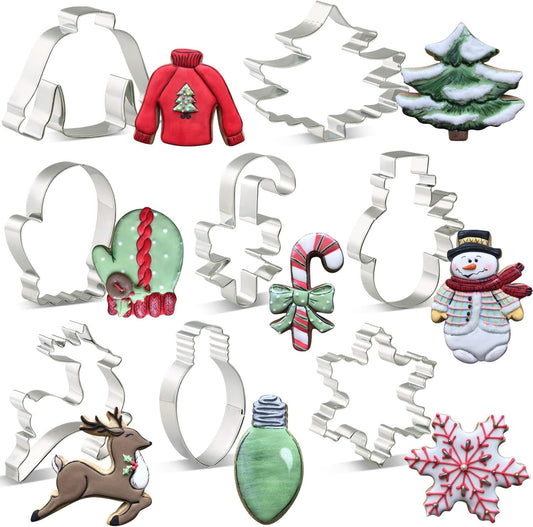 Christmas Cookie Cutters Set - 9 Pieces - Christmas Tree, Gingerbread Man, Candy Cane, Reindeer, Light Bulb, Snowman, Snowflake, Jumper and Mittens Cookie Cutter - Stainless Steel