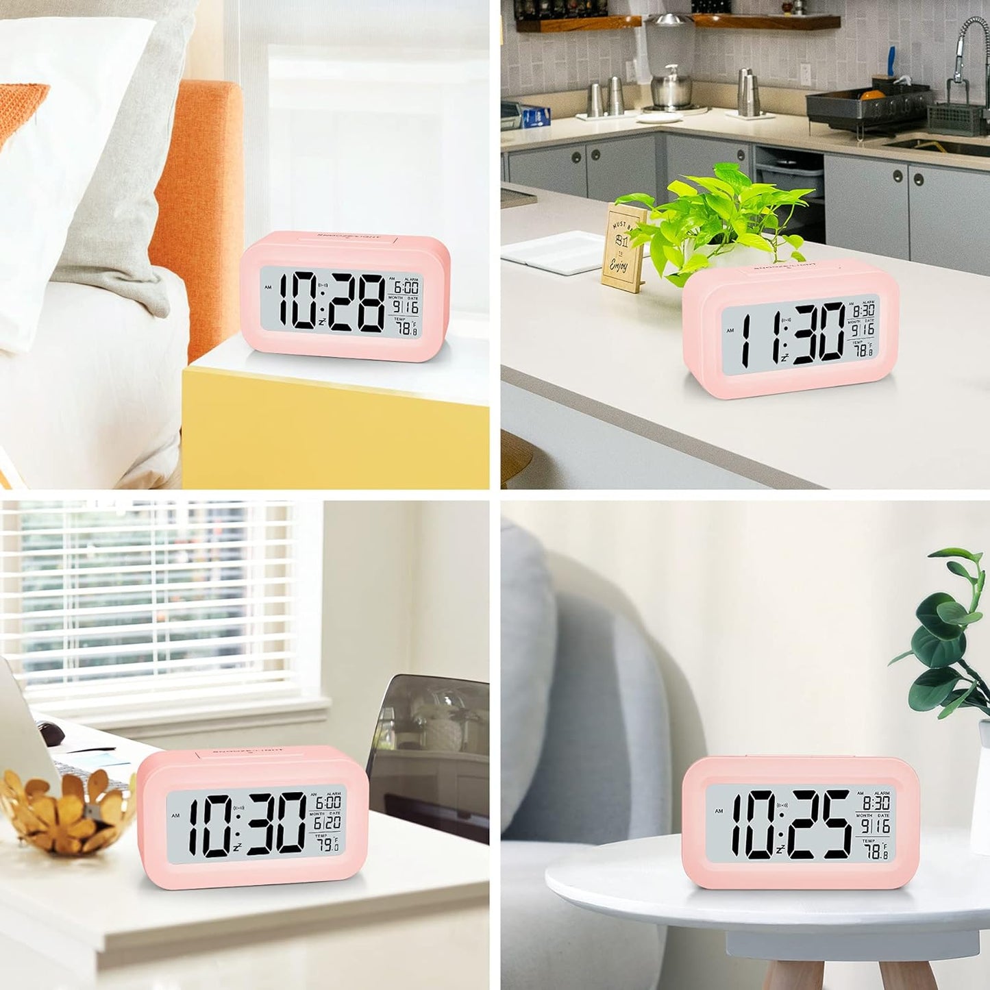 SZELAM Alarm Clock, Small Alarm Clock Digital, 5.1" LCD Display with USB Charger, Snooze, Minutes, Date Calendar Temperature Alarm Display Bedside Table Easy Setup for Home Travel Bedroom Kitchen (Pink)