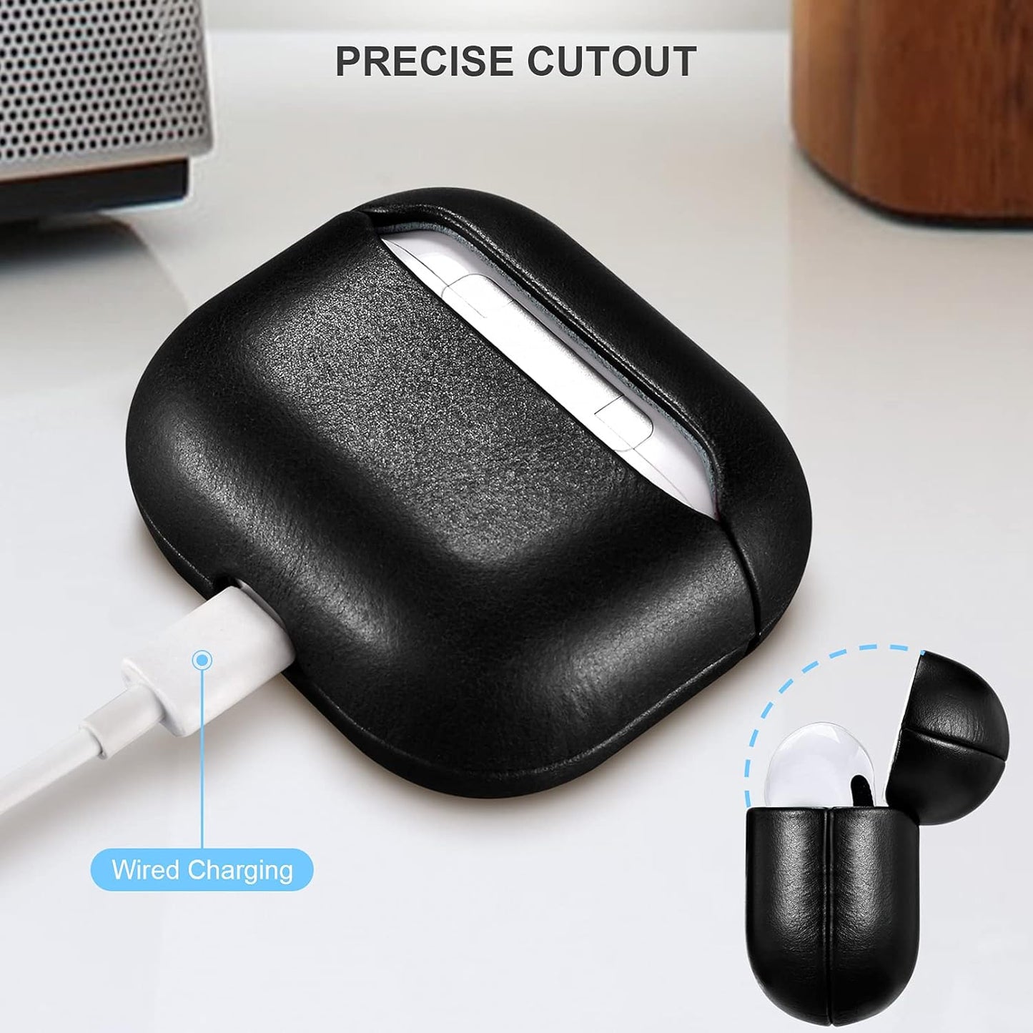 Leather Case for AirPods 3, Premium Genuine Leather Shockproof Protective Case Cover for Apple AirPods 3 Earphones Charging Case (LED Visible) Support Wireless Charger BLACK