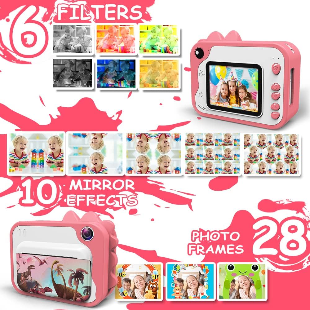 Instant Print Camera for Kids 12MP Digital Camera for Kids Aged 3-12 Ink Free Printing Video Camera for Kids 1080P 2.4 Inch Screen with 32GB SD Card,Color Pens,Print Papers (Pink)