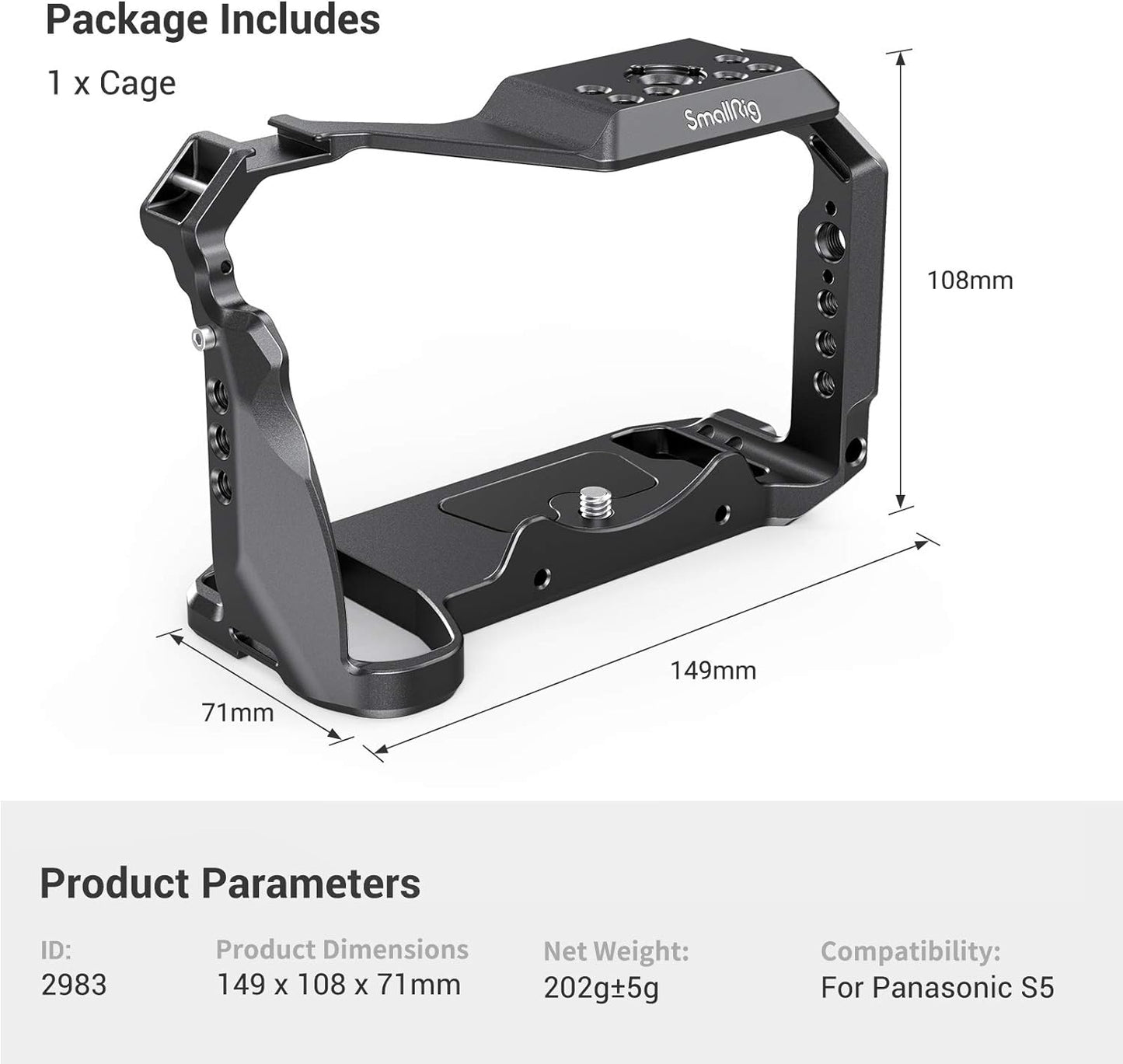 SmallRig S5 Cage Kit for Panasonic LUMIX S5 Camera, Aluminum Alloy Camera Cage with NATO Rail and Cold Shoe Mount for Microphone and Light 2983