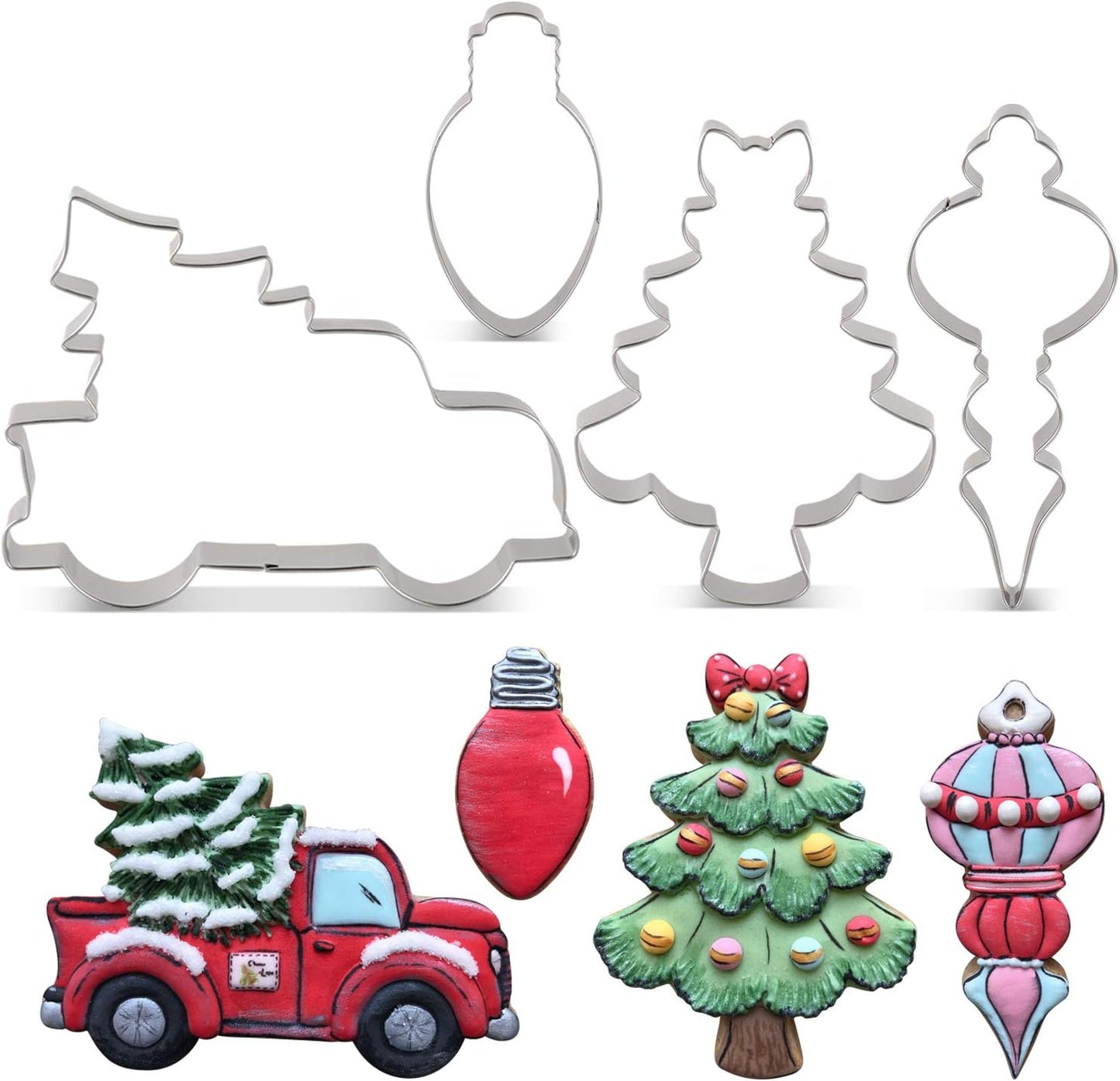 Christmas Cookie Cutters Set - 4 Pieces - Van with Christmas Tree, Christmas Tree with Bow, Christmas Bulb and Christmas Decoration Fondant Cookie Cutter - Stainless Steel