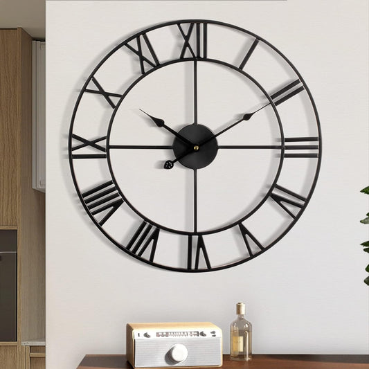 Large Wall Clock Metal Retro Roman Numeral Clock, Modern Round Wall Clocks Almost Silent, Easy to Read for Living Room/Home/Kitchen/Bedroom/Office/School Decor (Black, 24 Inch)