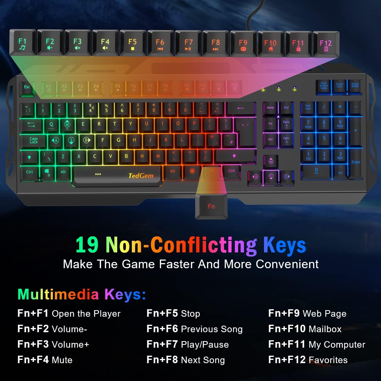 Gaming Keyboard by TedGem, Gaming Keyboards USB Wired Keyboard LED Backlit Keyboard, Keyboard Gaming with 12 Multimedia Shortcut Keys 19-Key Anti-Ghosting for PC/Computer/Laptop Gamer