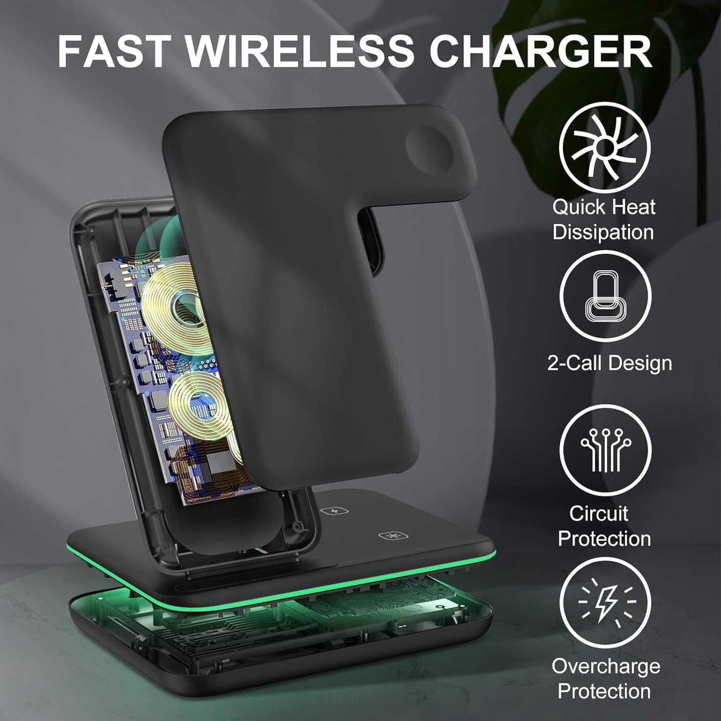 3 in 1 Wireless Charger, 15W Induction Charger Compatible with iPhone, Samsung and other phones supporting wireless technology