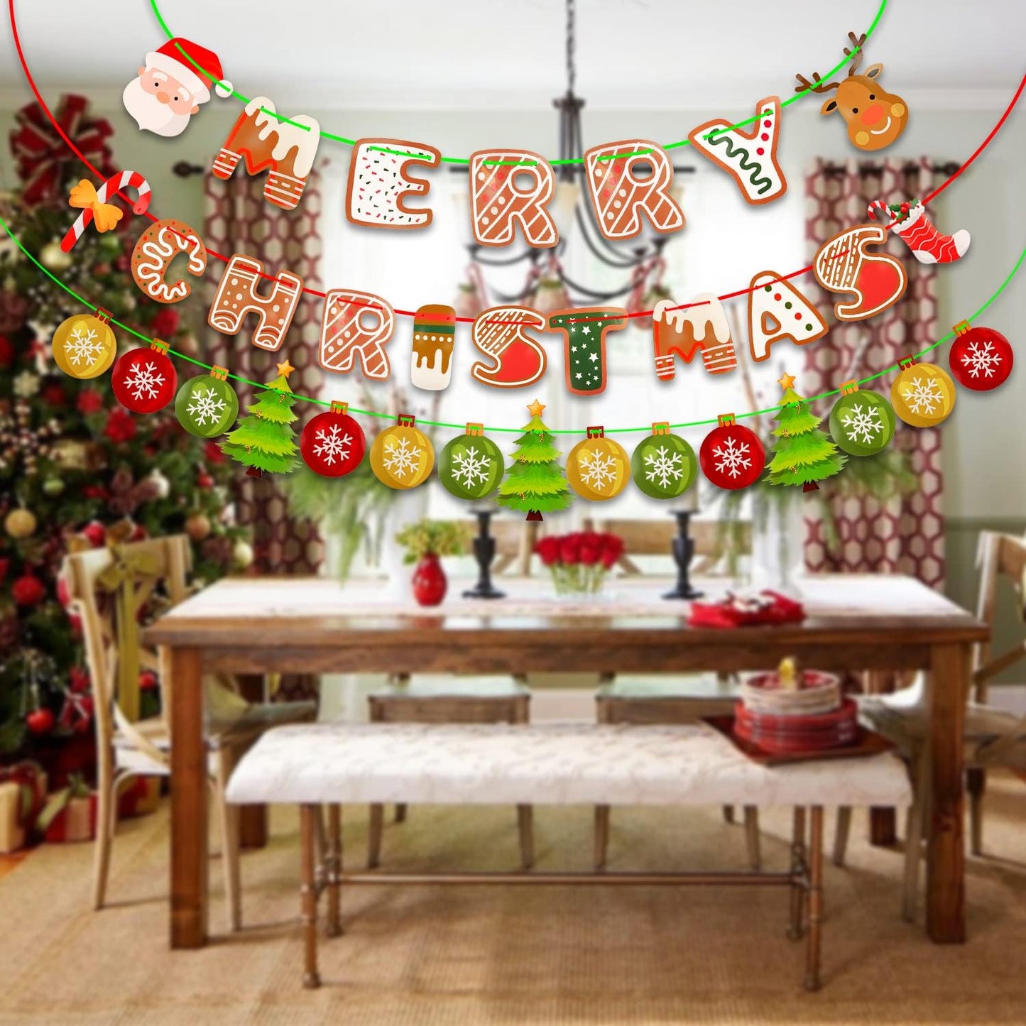 Merry Christmas Banner, Christmas Bunting Flags Hanging Garlands for Fireplace Picture Outdoor Indoor Decoration Home Photo Prop Decor Xmas Party Decoration Favors Supplies