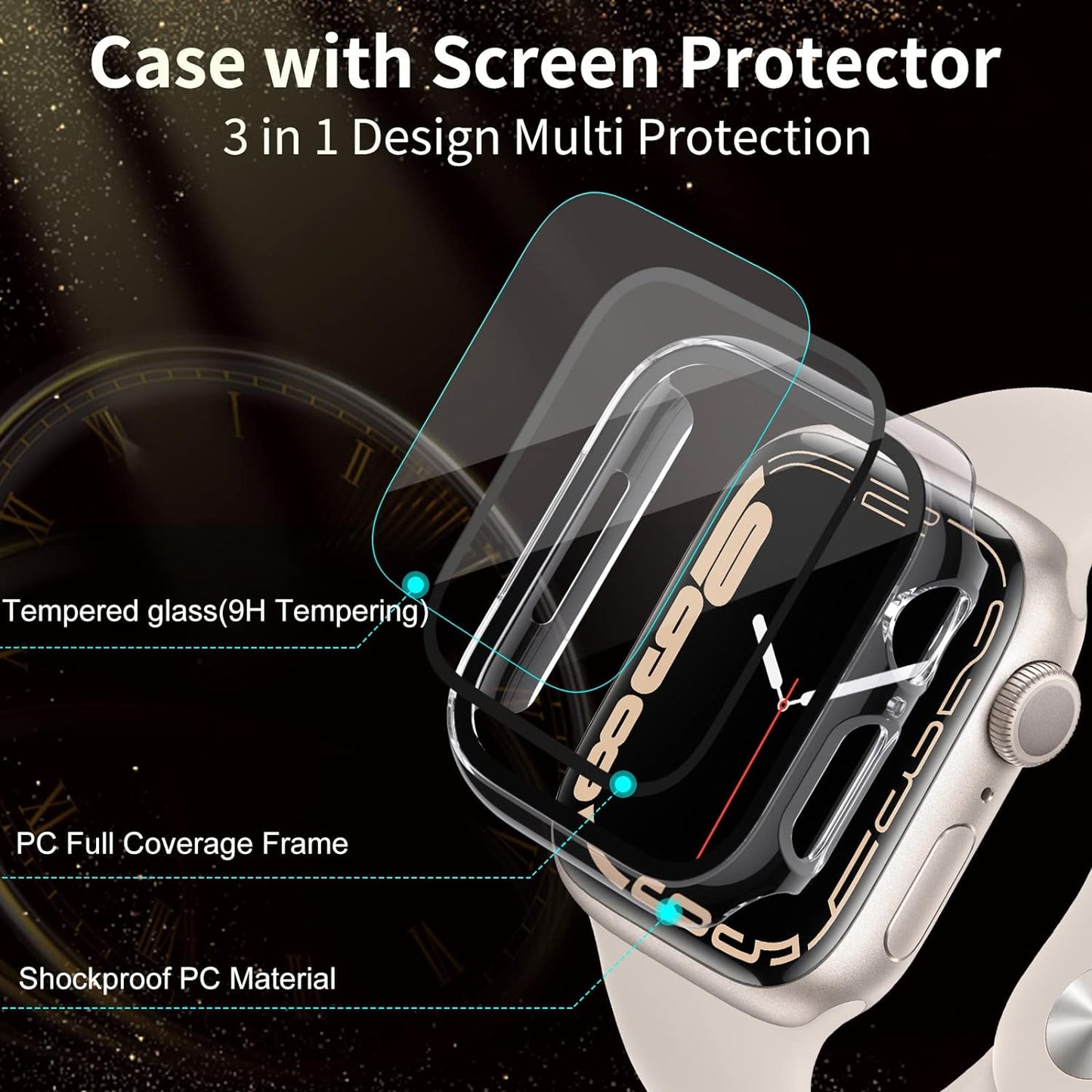 LIWIN Pack of 3 protective cases compatible with Apple Watch Series 7 PC case with glass, all-round protective case HD ultra-thin protective glass display hard case scratch-resistant housing compatible with iWatch 7 45 mm