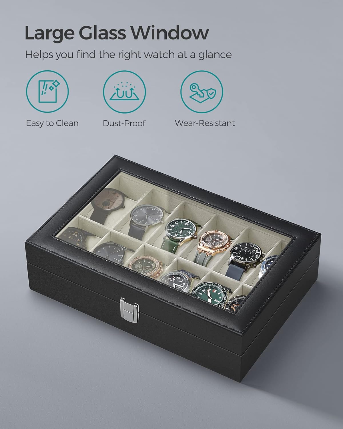 SONGMICS Watch Box with 12 Slots, Watch Case with Glass Lid, Watch Display Box with Removable Watch Pillows, Metal Clasp, Gift Idea, Black Synthetic Leather, Greenish Beige Lining JWB12BE