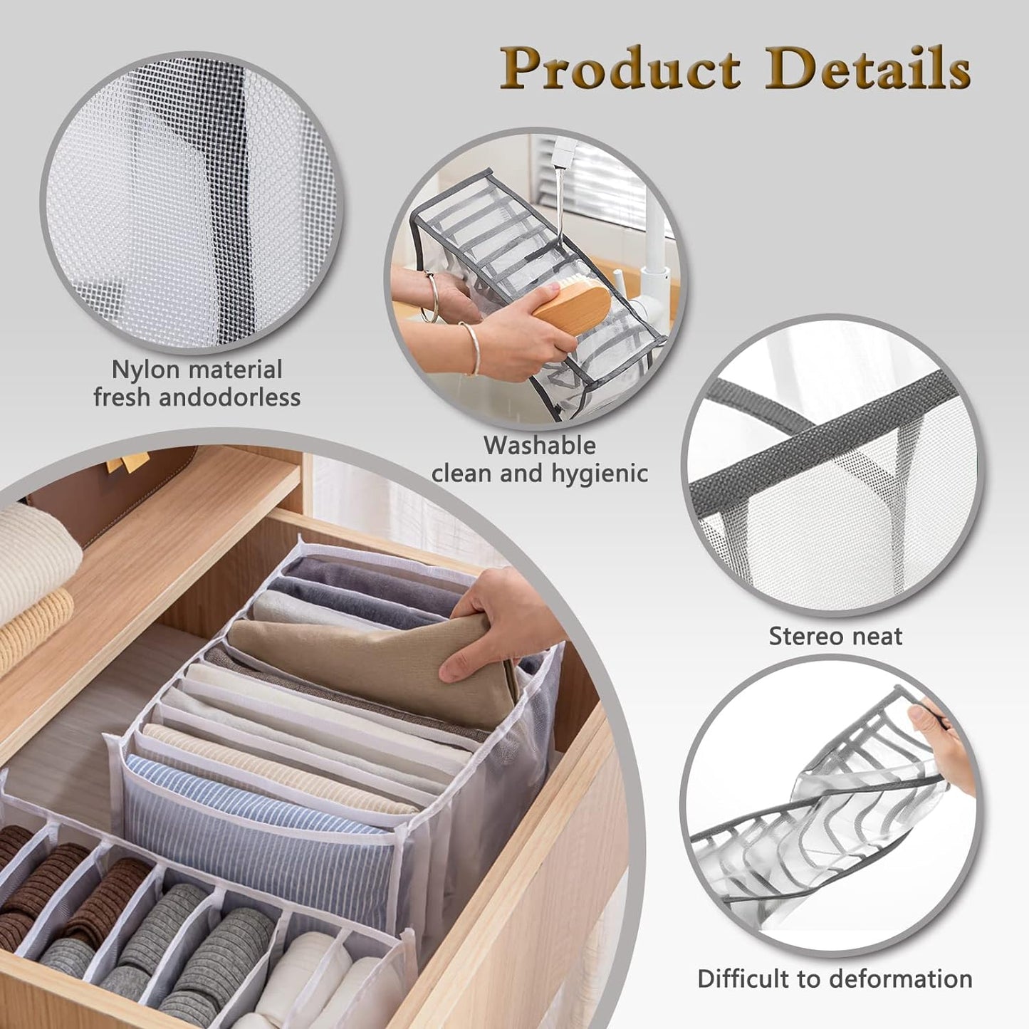 Wardrobe Organizer Washable Jeans Compartment Storage Box Closet Foldable Mesh Drawer Organizer for Wardrob (3pcs)