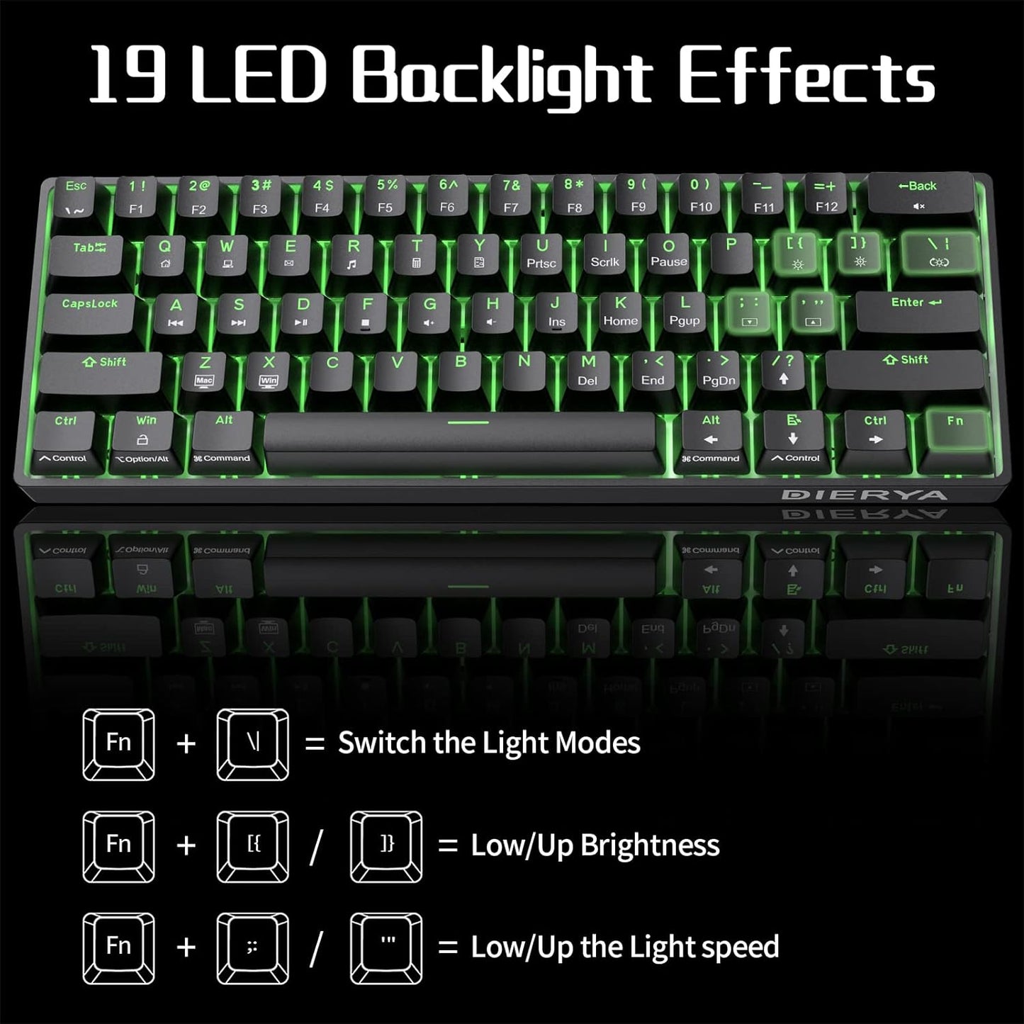 Dierya DK61se 61Keys Gaming Keyboard, 60% Mechanical Keyboard, Ultra Compact Mini Anti-Ghosting, Type C Data Cable, US Layout for PC, Windows, Gamer Typist, Black (Optical Red Switch)