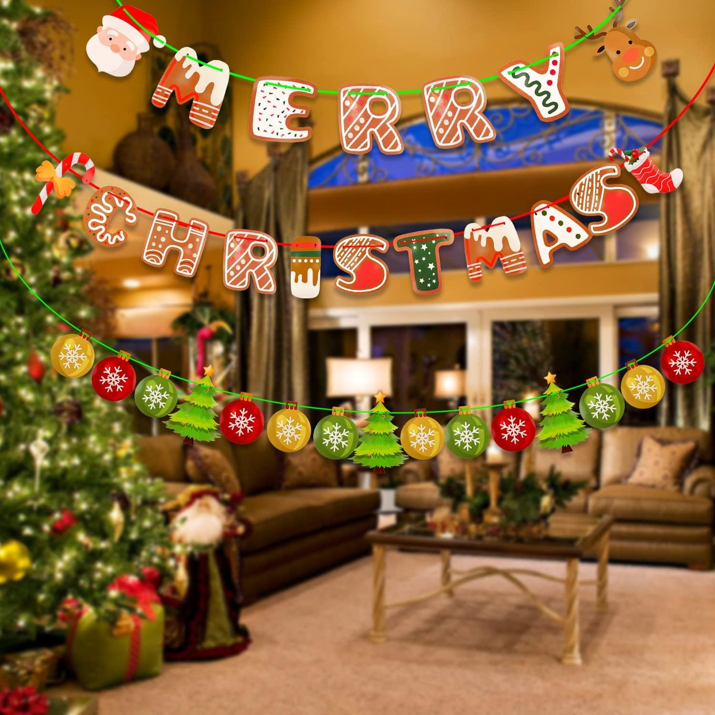 Merry Christmas Banner, Christmas Bunting Flags Hanging Garlands for Fireplace Picture Outdoor Indoor Decoration Home Photo Prop Decor Xmas Party Decoration Favors Supplies